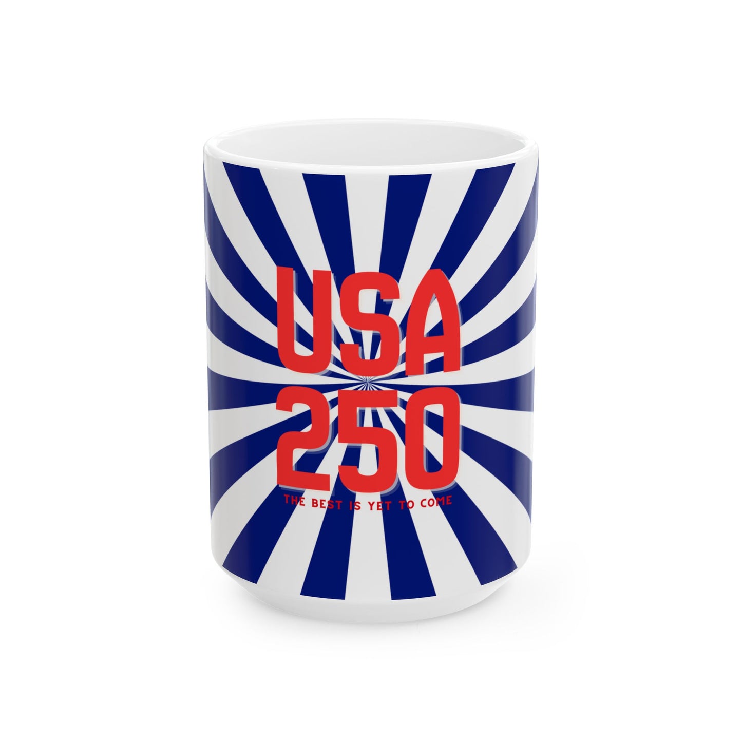 Mug with blue and white striped design and red text on a white background