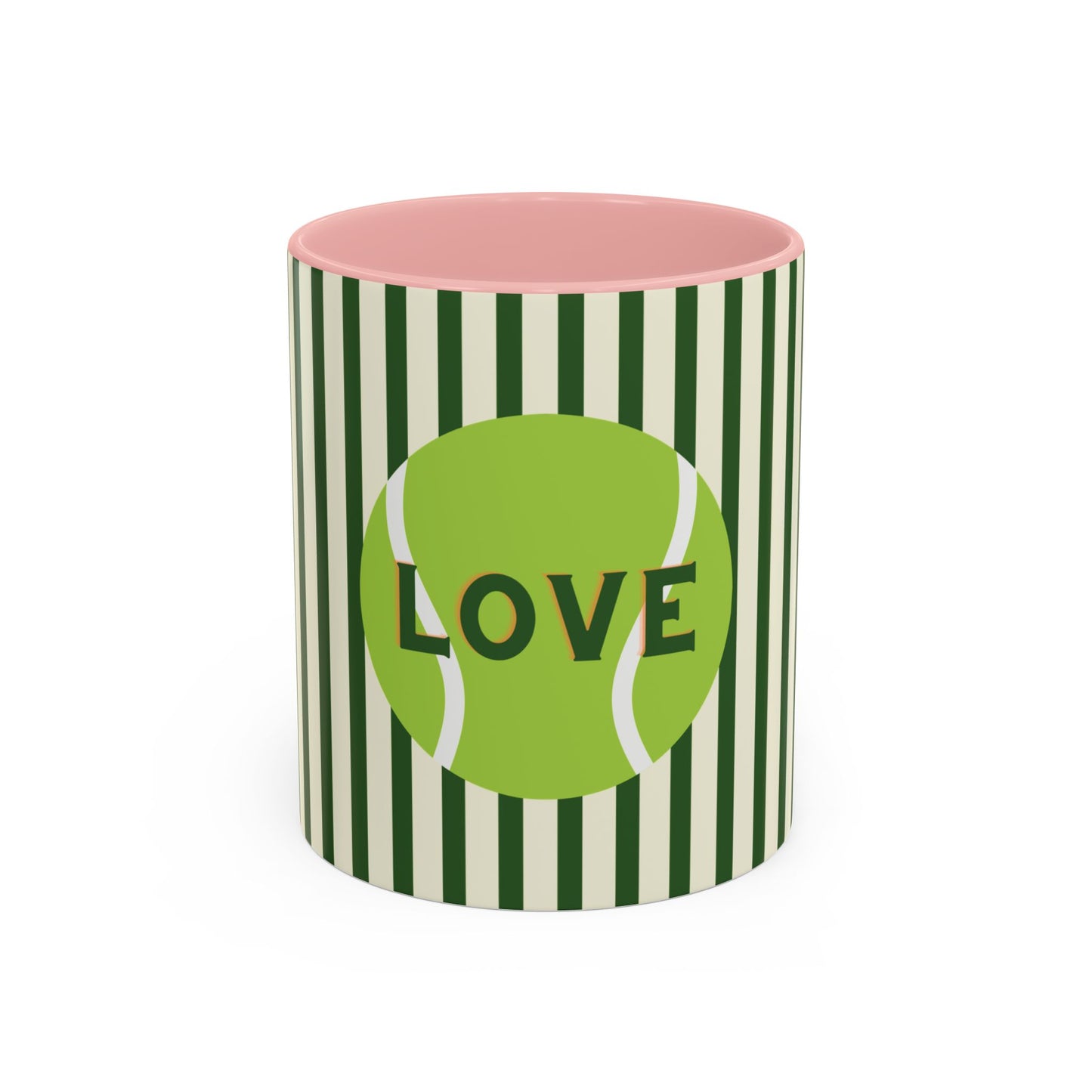 Cylindrical container with green and white striped design and pink top, featuring a tennis ball and 'LOVE' text.