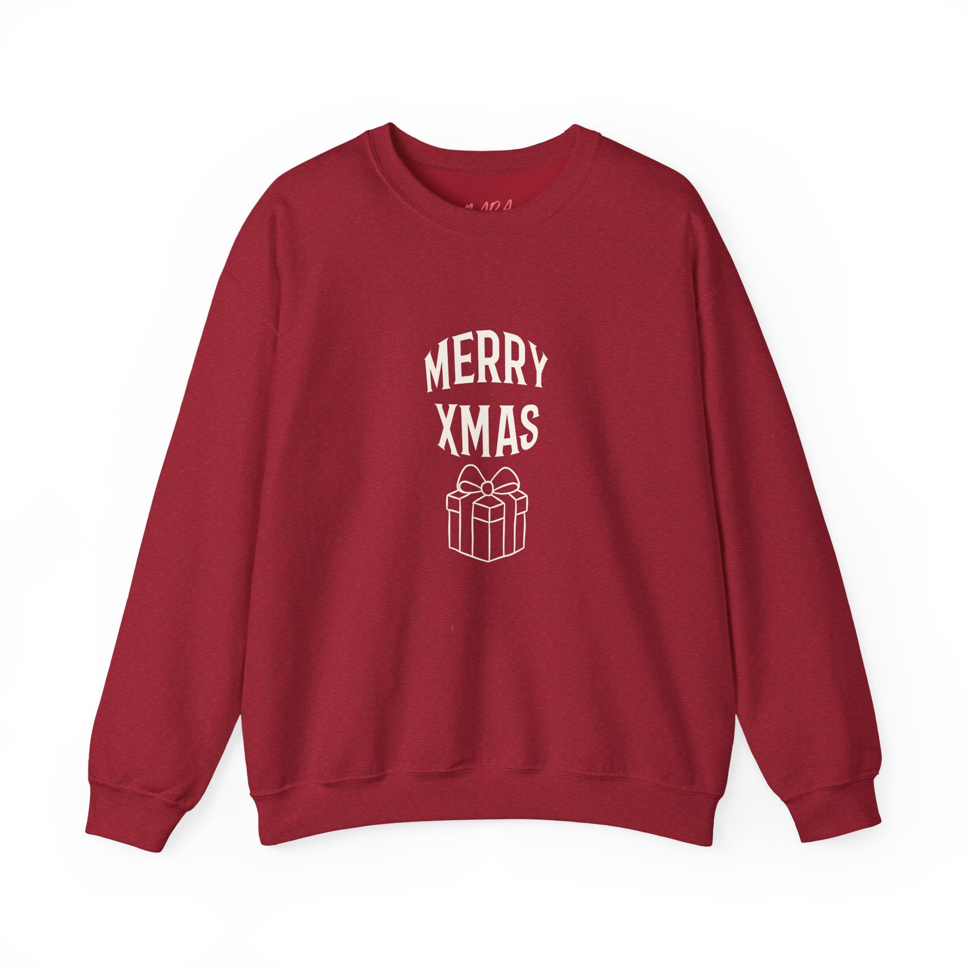 Red sweatshirt with 'Merry Xmas' and gift graphic on a white background