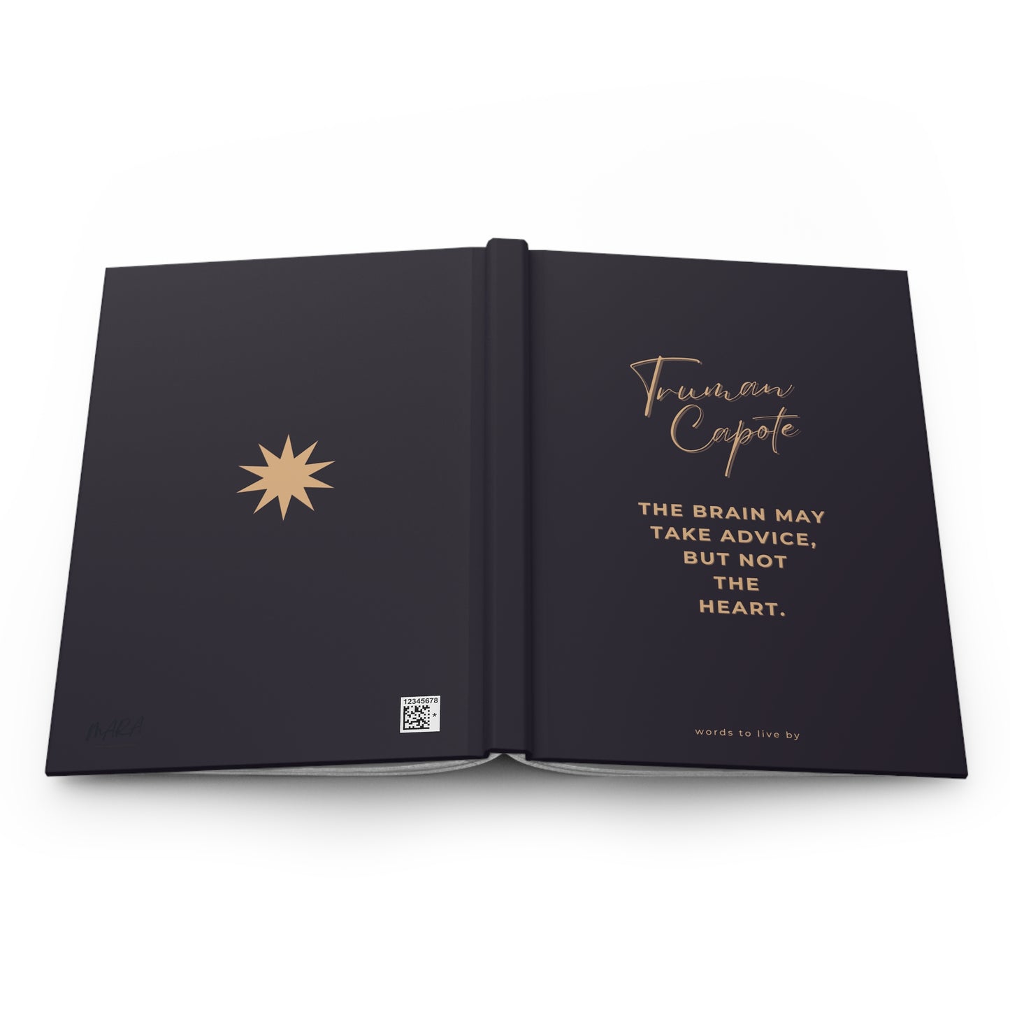 Open book with a quote by Truman Capote on a white background