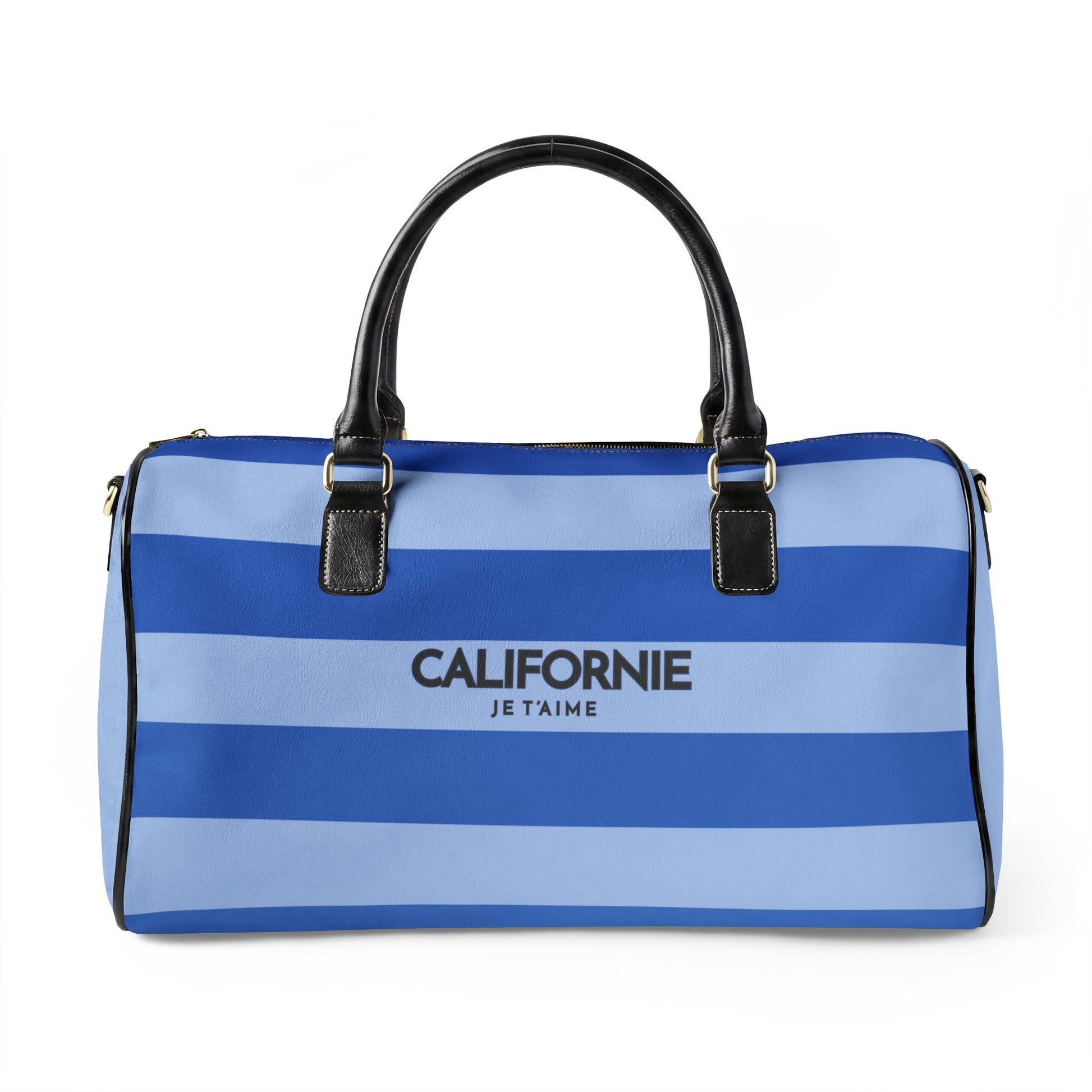 Blue and white striped bag California with black handle and text on a white background