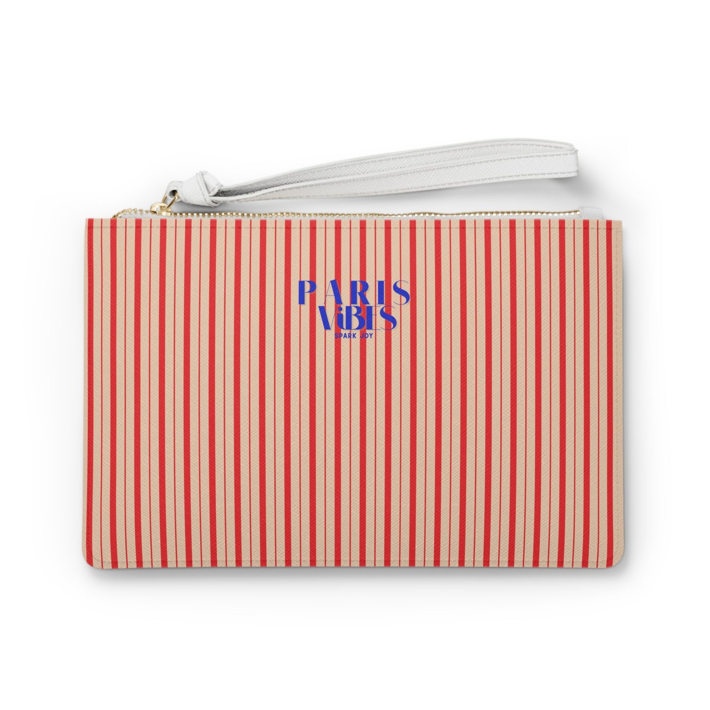 Striped pouch with 'Paris Vibes' text on a white background