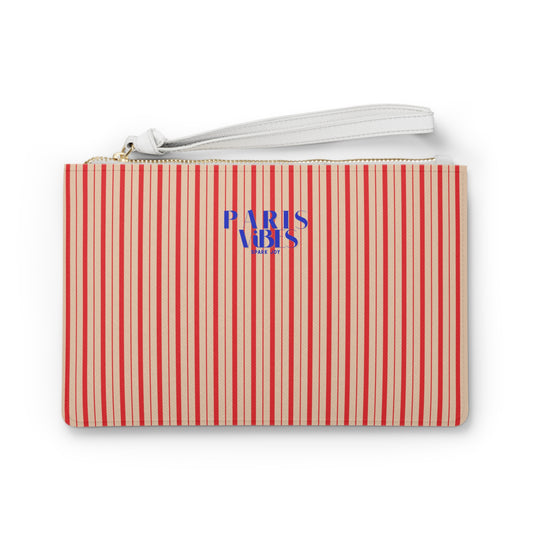 Striped pouch with 'Paris Vibes' text on a white background