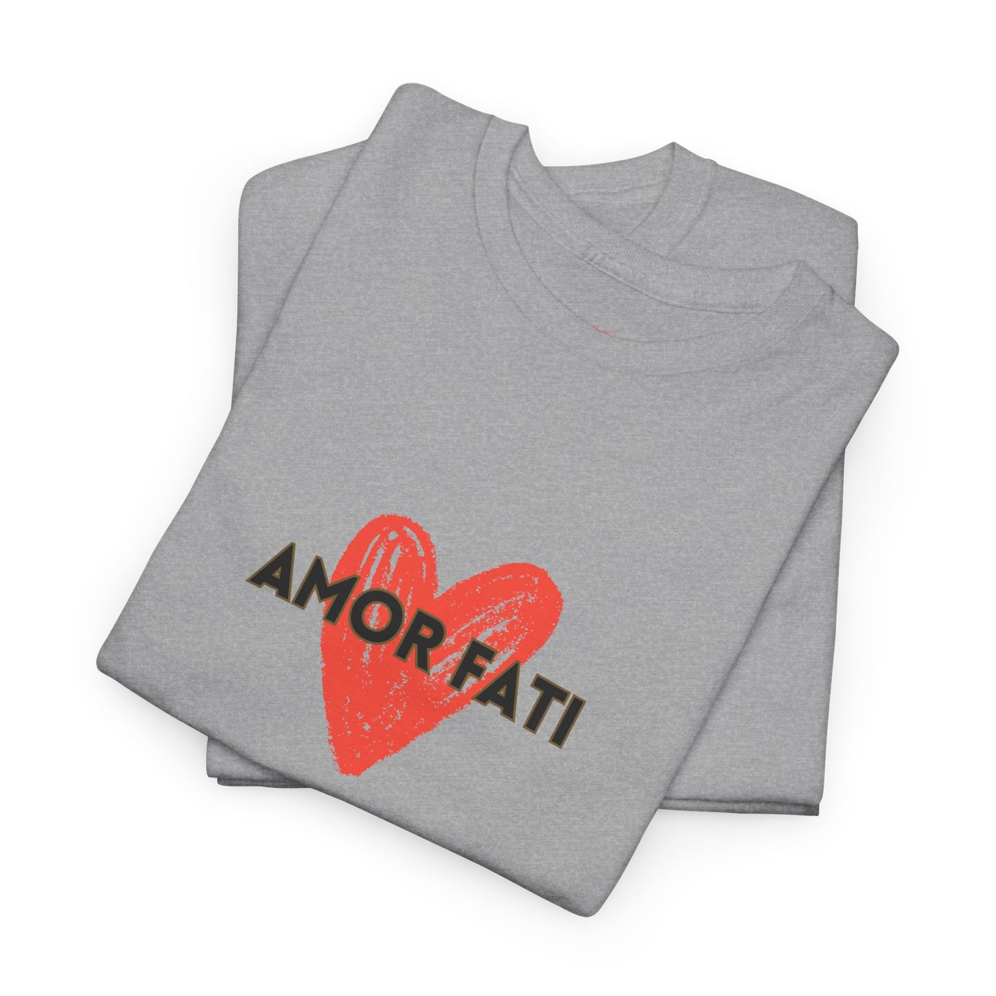 Folded gray t-shirt with red heart and black text on a white background