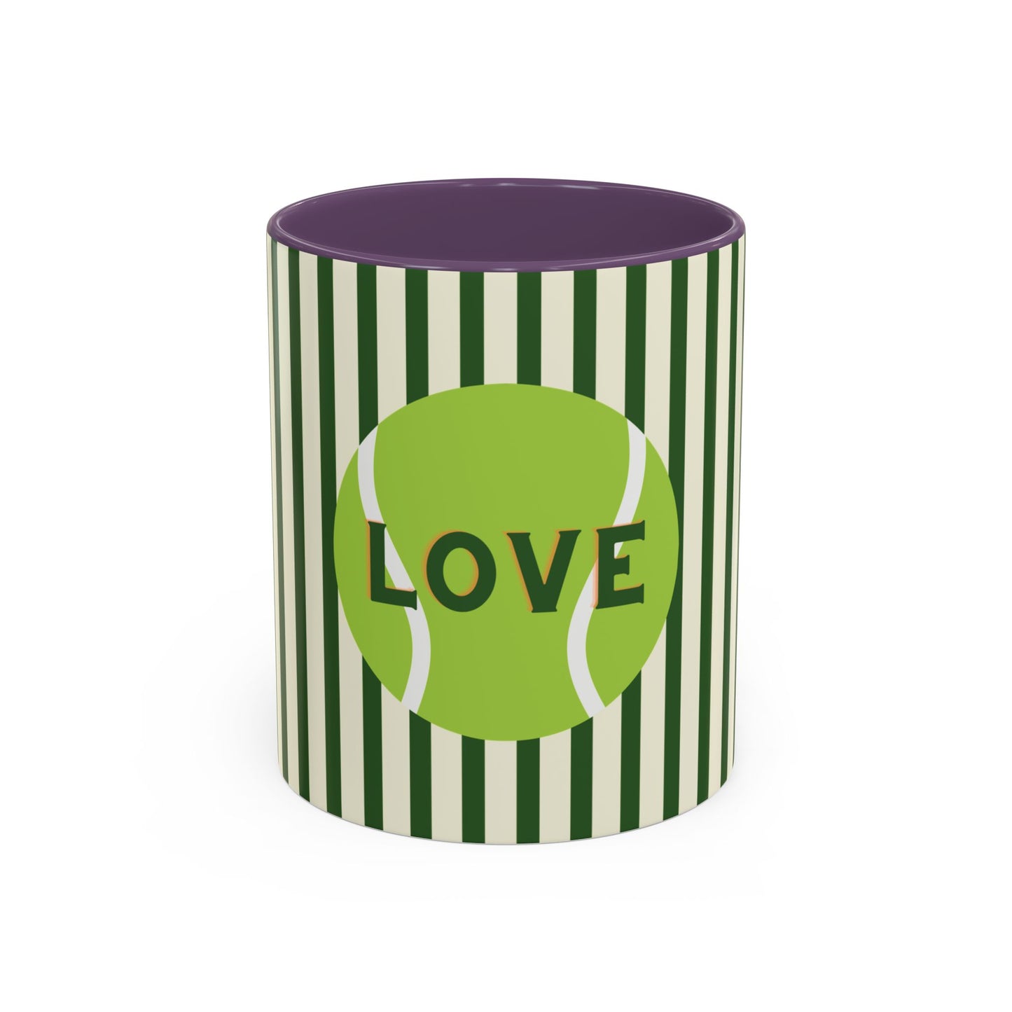 Cylindrical container with green and white striped design and purple interior, featuring a tennis ball with 'LOVE' text.