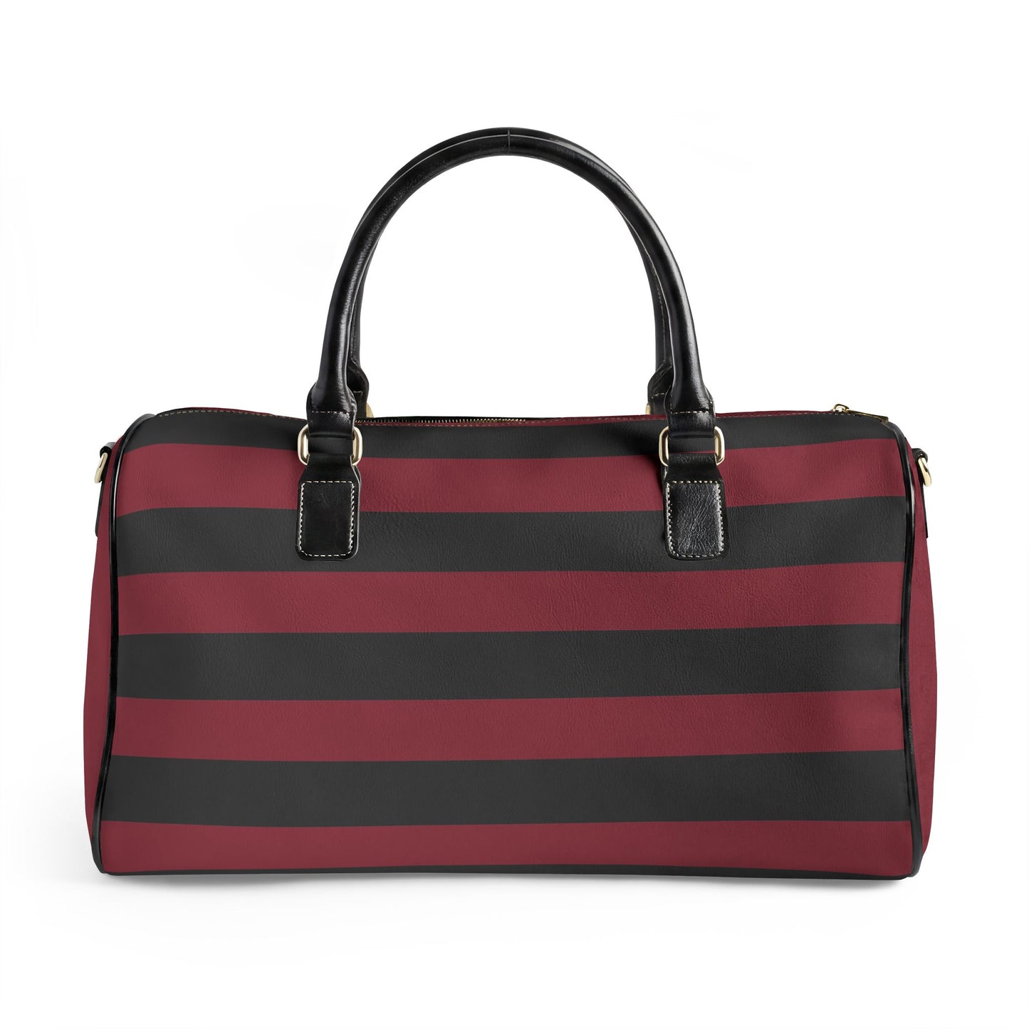C’est La Vie Striped Leather Travel Duffel Bag — Burgundy & Black Weekender
