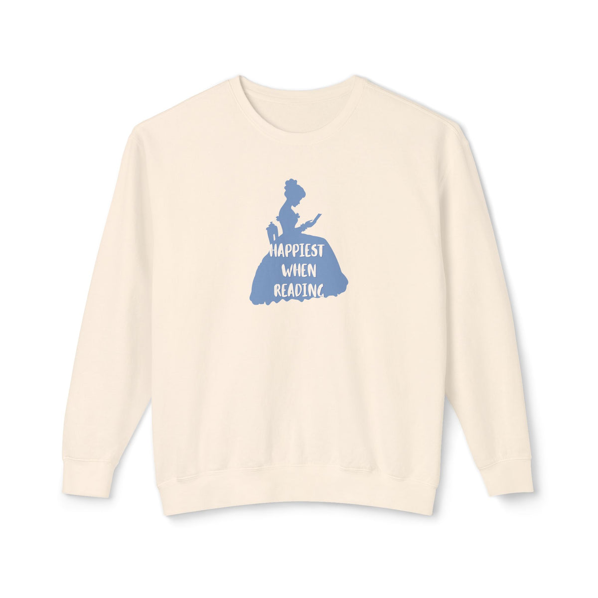 An off-white crewneck sweatshirt featuring a blue graphic of a woman in a dress reading, with the text 'HAPPIEST WHEN READING' printed on the front, displayed against a solid white background.