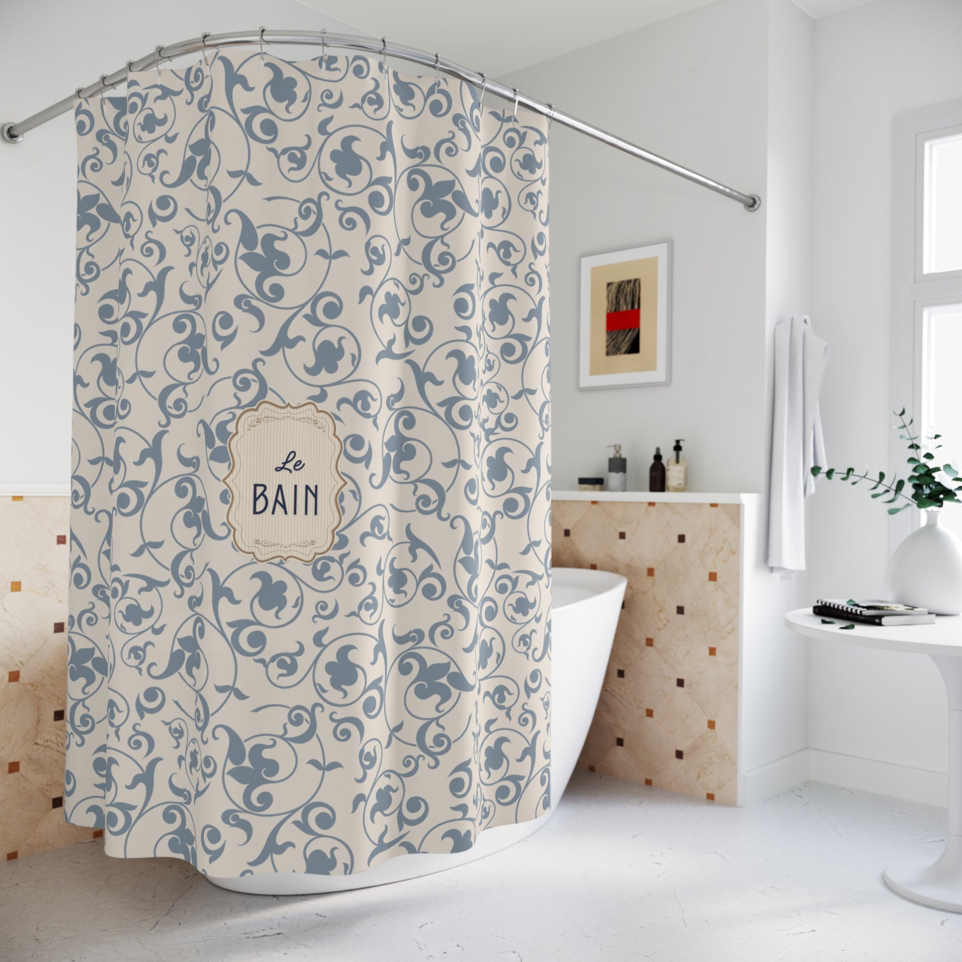 Shower curtain with decorative pattern and 'Le Bain' text in a bathroom setting