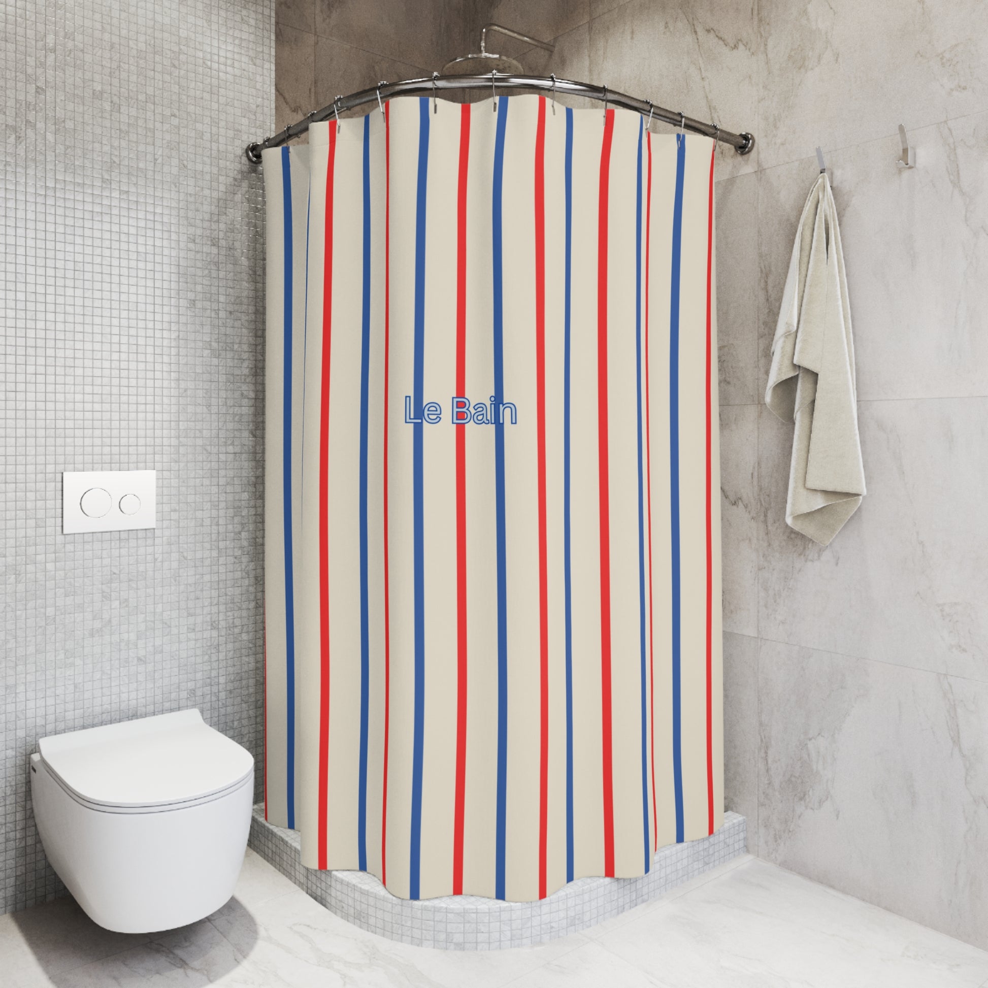 Shower curtain with geometric pattern in a bathroom setting