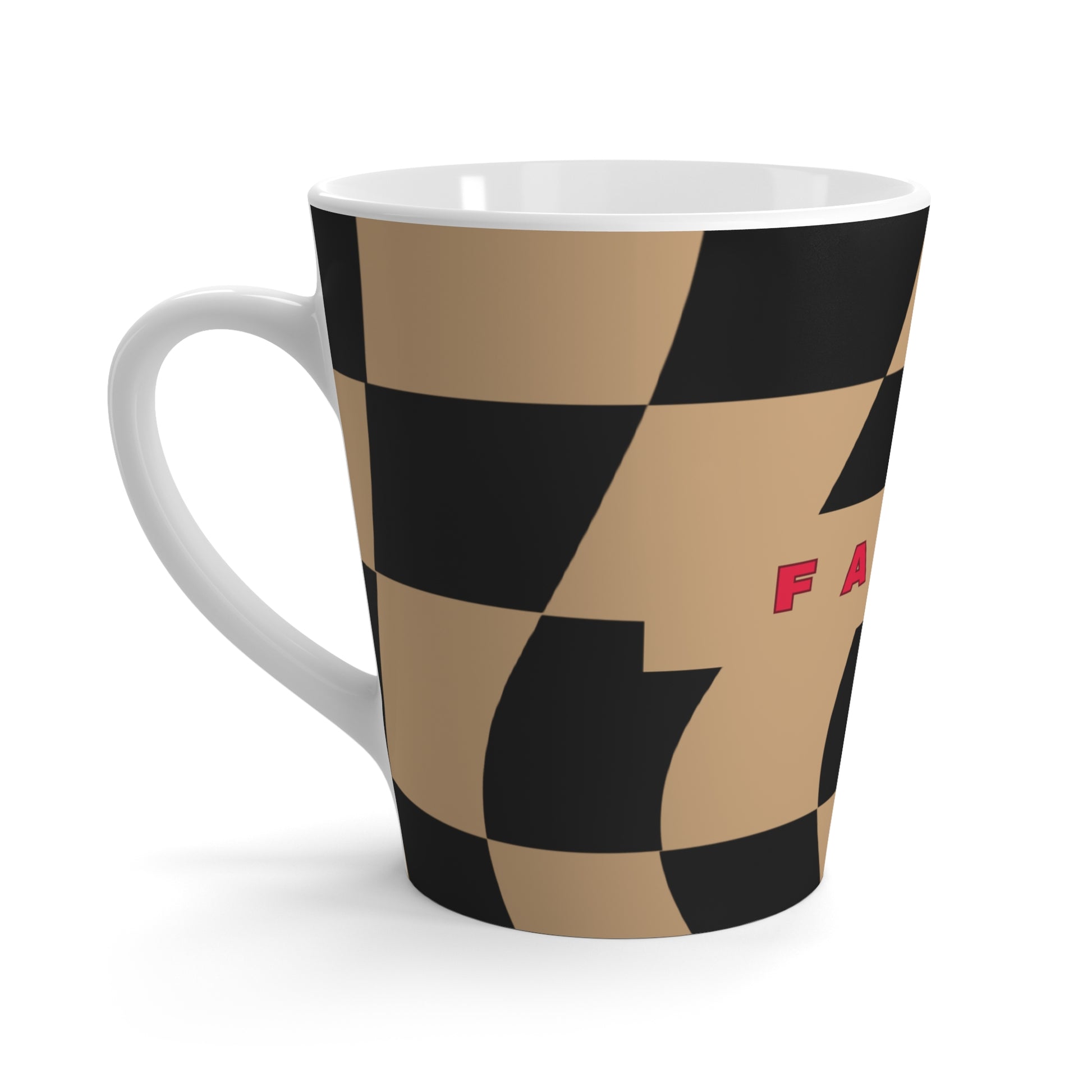 Mug with checkered pattern and 'Ferrari' branding on a white background
