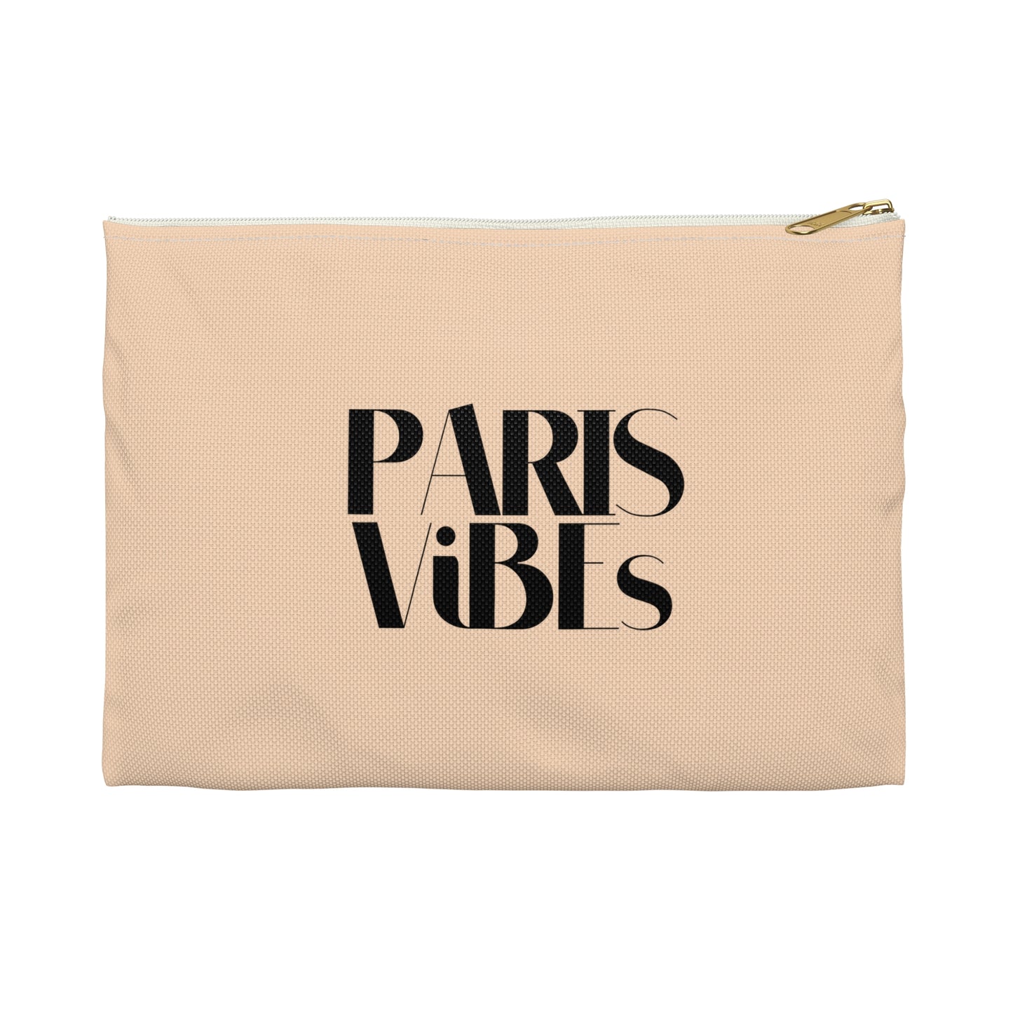 Beige pouch with 'PARIS ViBES' text on a white background