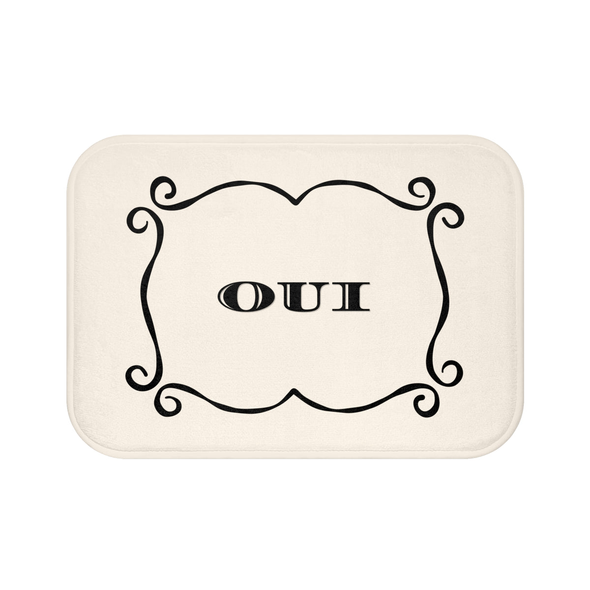 An off-white rectangular bath mat with rounded corners, featuring a black ornate scroll border and the word 'OUI' in black serif font in the center.