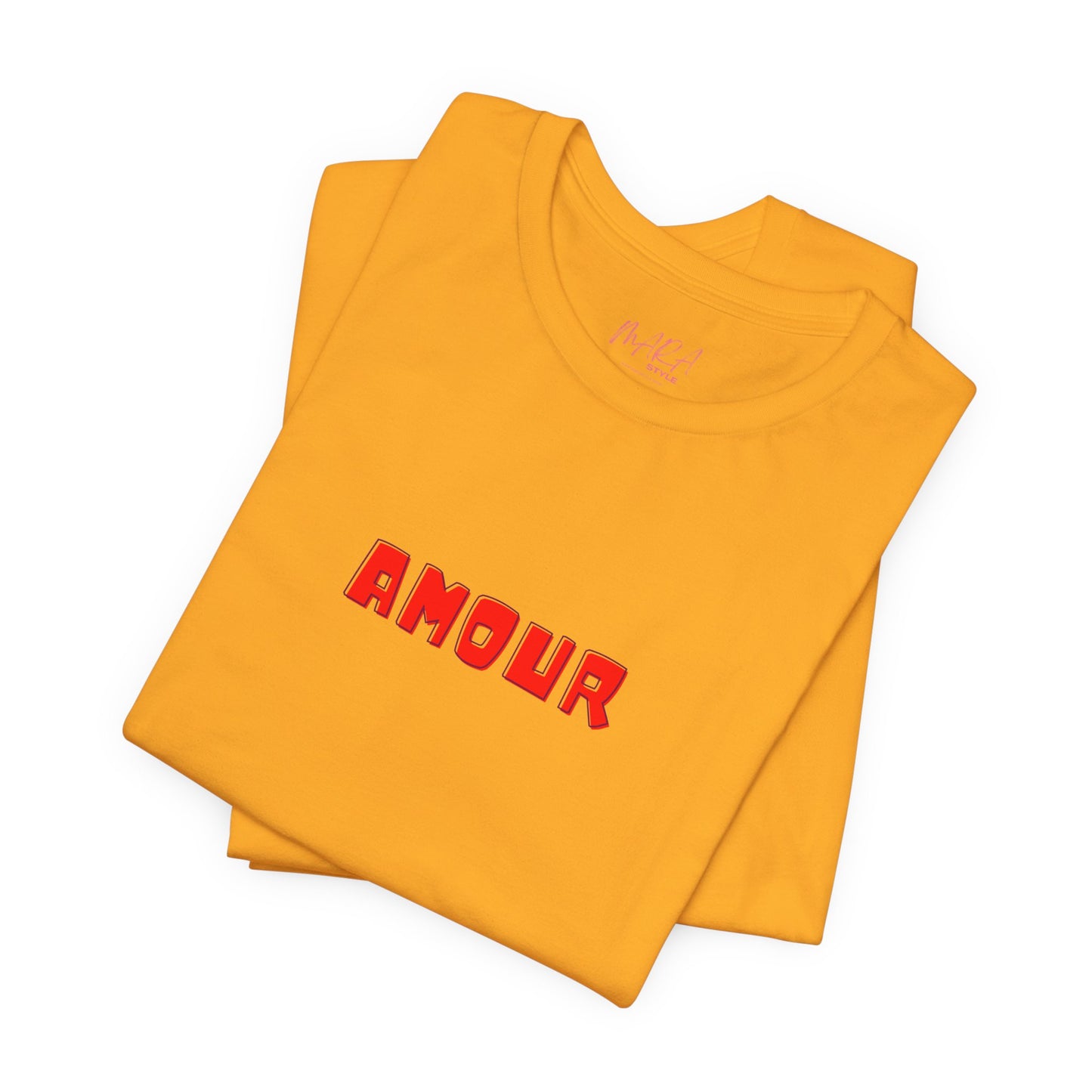 Yellow t-shirt with 'AMOUR' printed in red on a white background