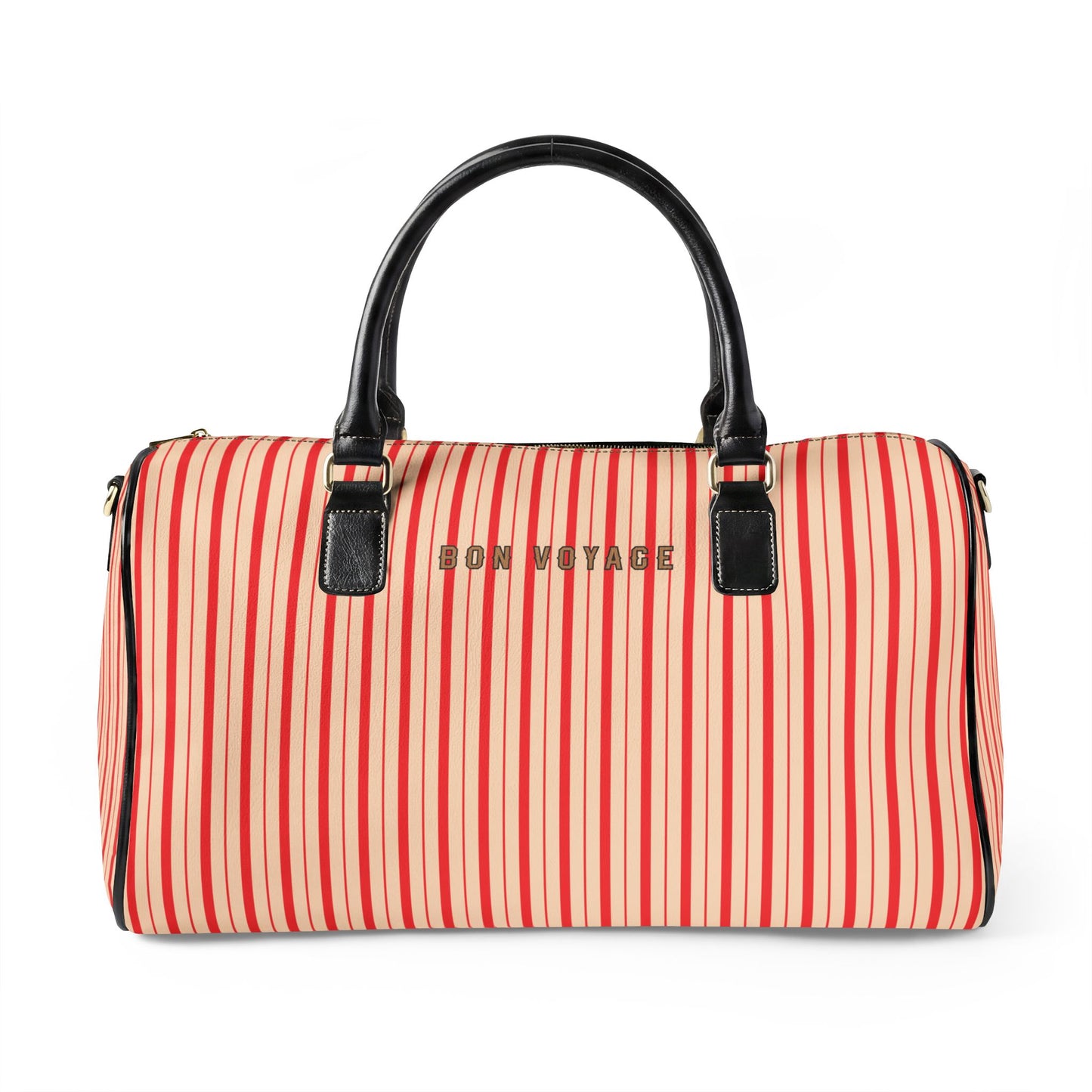 Striped duffel bag with 'Bon Voyage' text on a white background