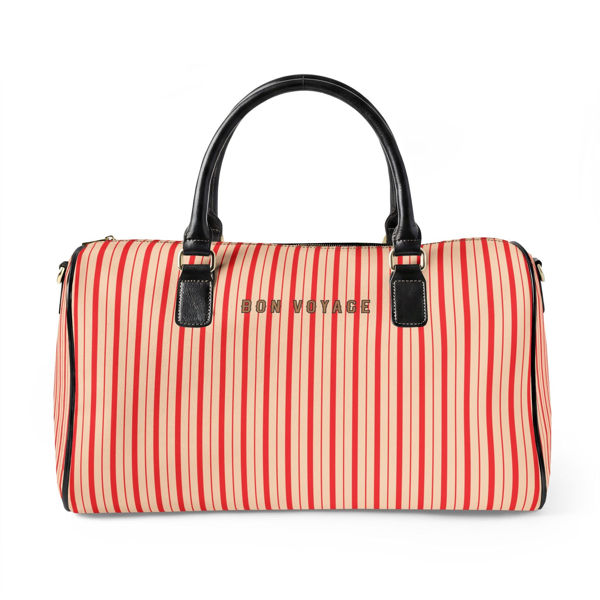 Striped duffel bag with 'Bon Voyage' text on a white background