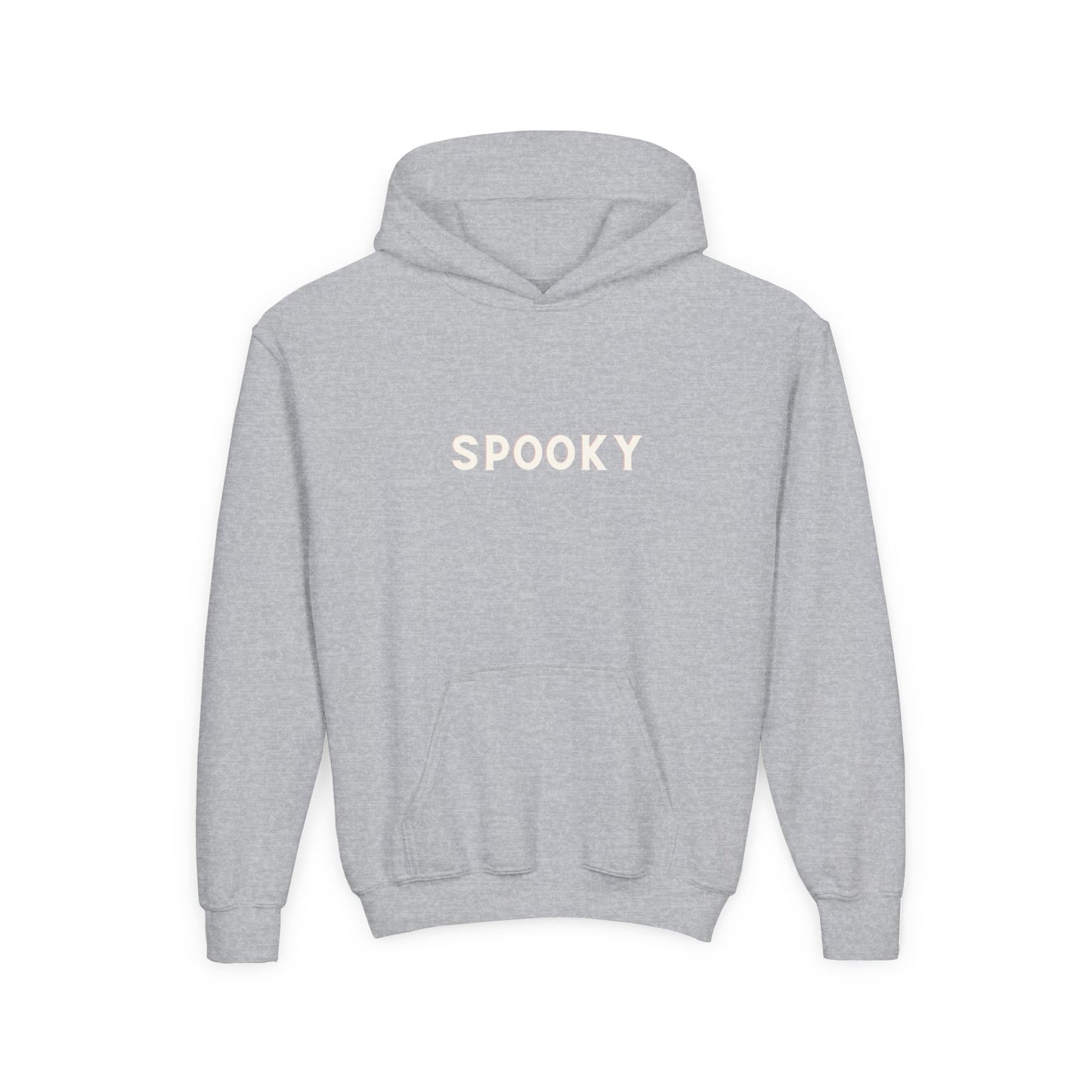 Gray hoodie with 'SPOKKY' text on a white background