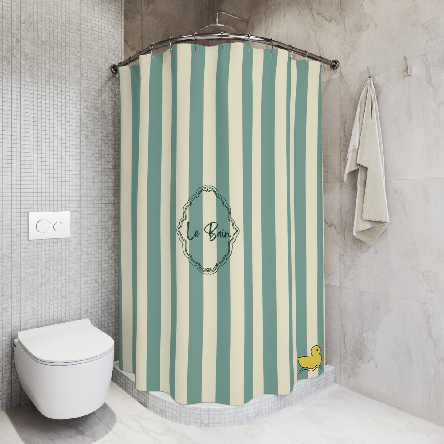 Striped shower curtain with 'Le Bain' branding in a bathroom setting