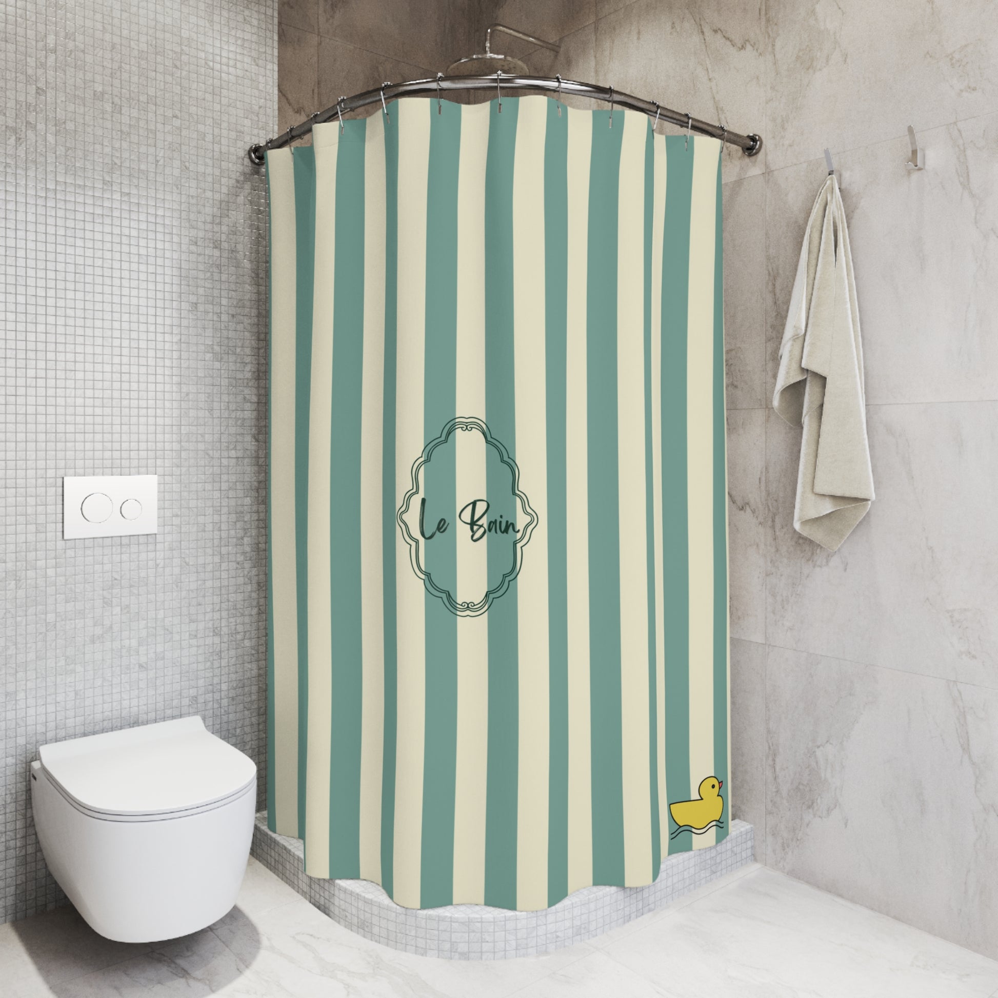 Striped shower curtain with 'Le Bain' branding in a bathroom setting