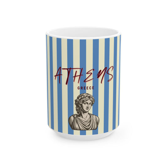 Mug with blue and white striped design featuring a classical bust and 'Athens Greece' text.