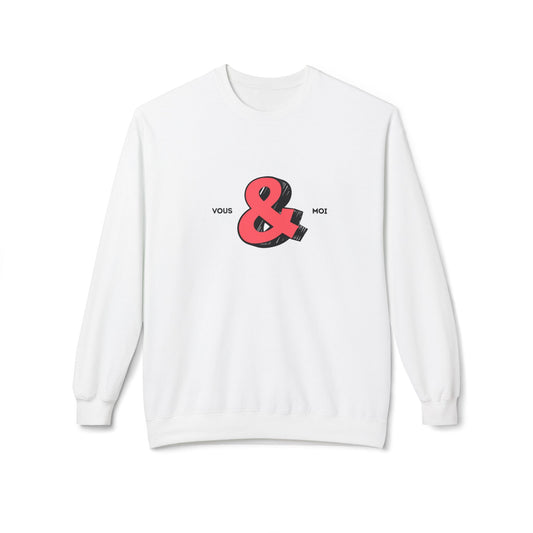 White sweatshirt with a red and black ampersand design on a white background