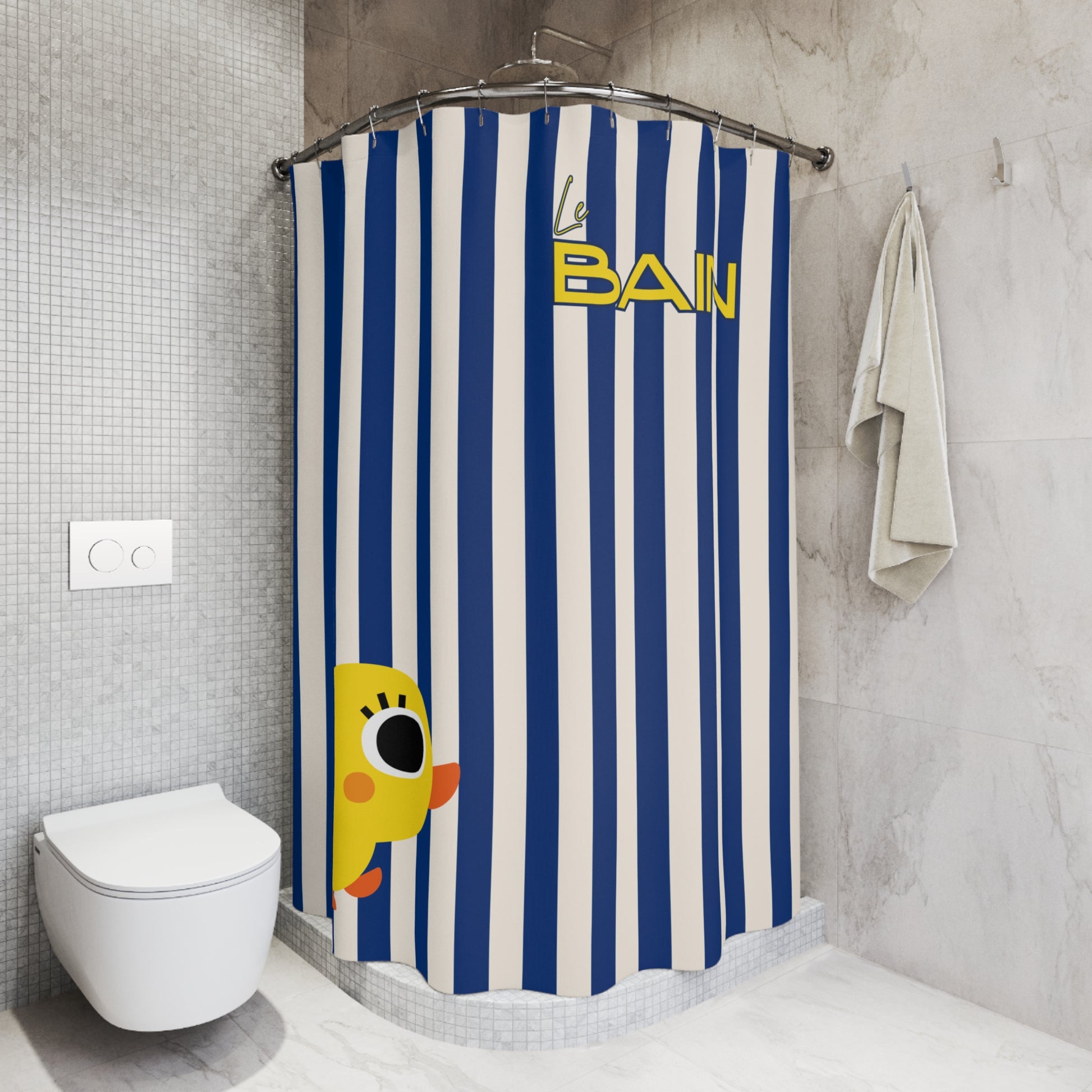 Shower curtain with blue and white stripes and a yellow duck design in a bathroom.