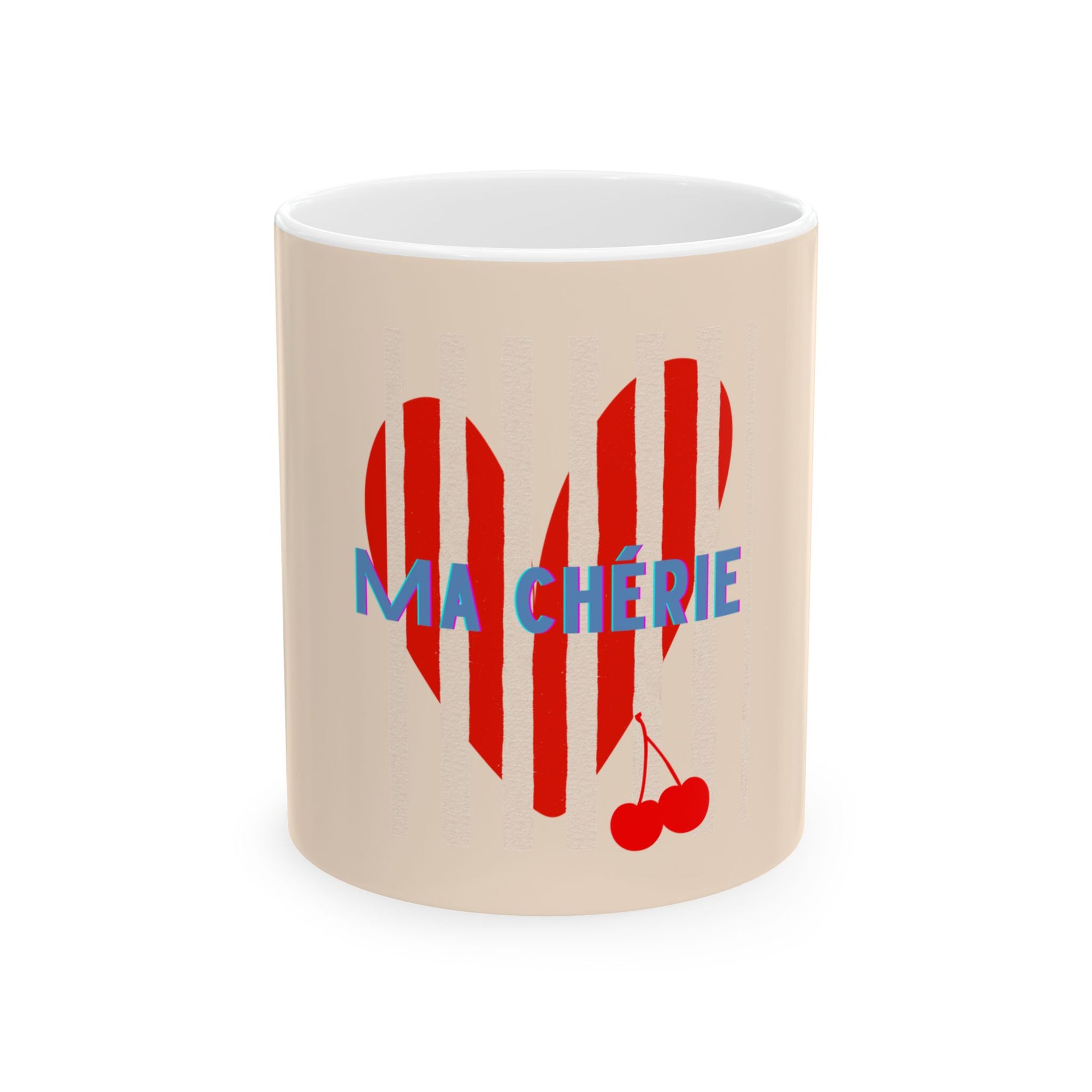 Beige mug with red heart design, blue text 'MA CHERIE', and red cherries on a white background