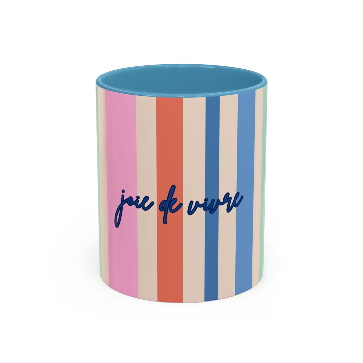 Colorful striped mug with 'joie de vivre' text on a white background