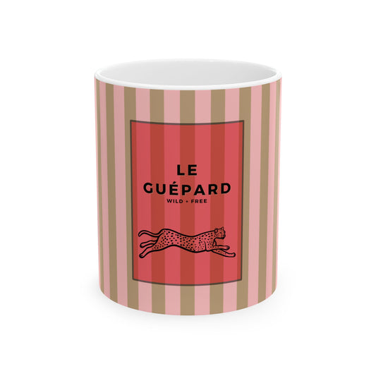 Ceramic mug with striped design and 'Le Guépard' text on a white background