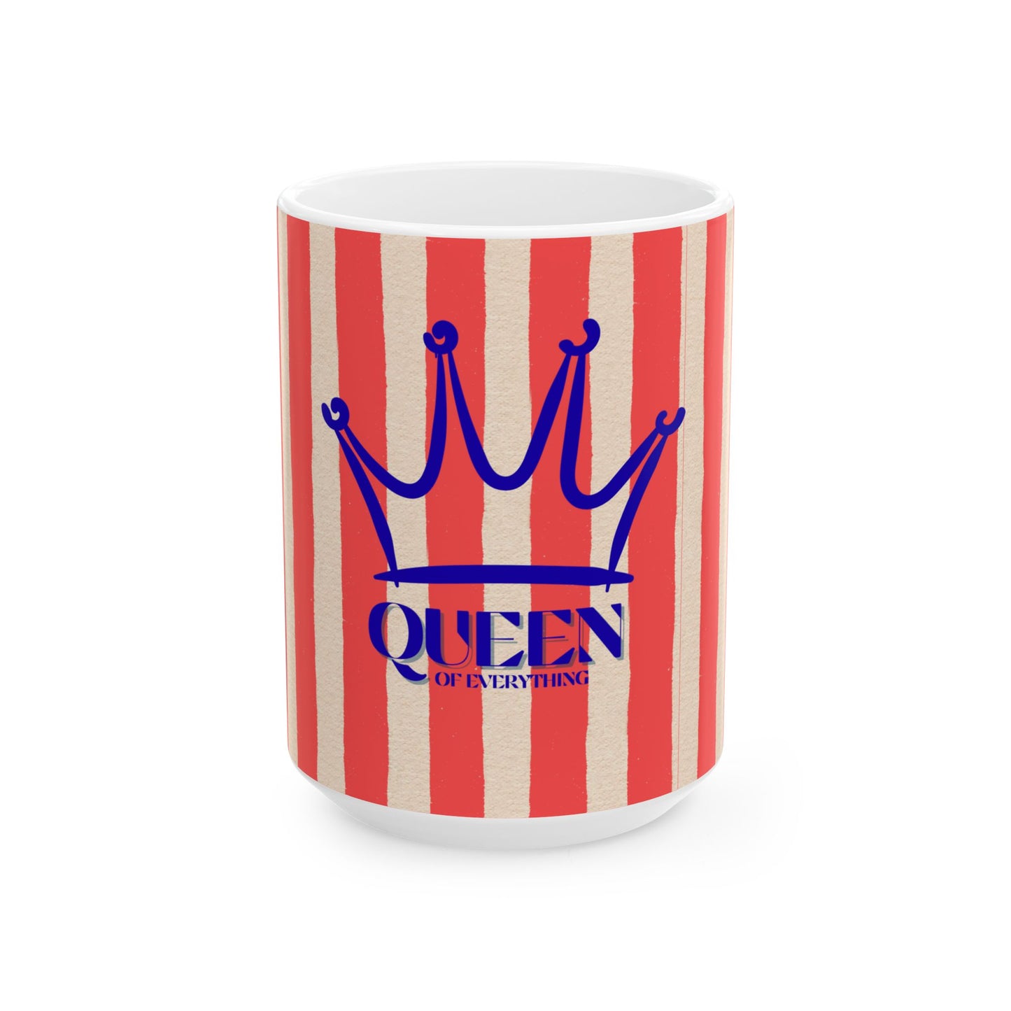 Mug with red and white striped pattern and blue crown and text design on a white background