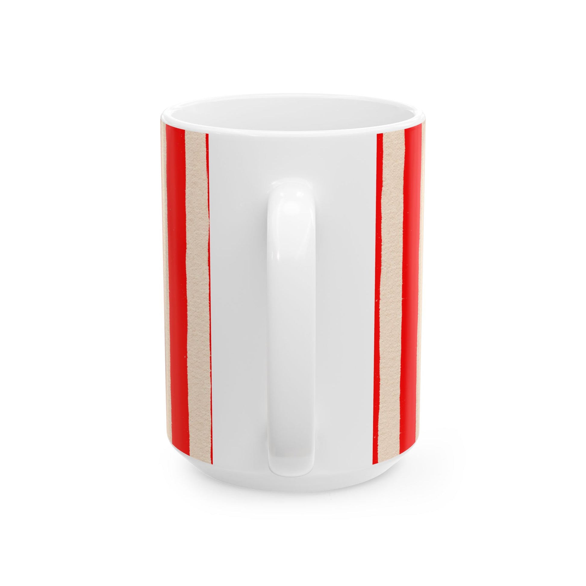 White mug with red and beige stripes on a white background