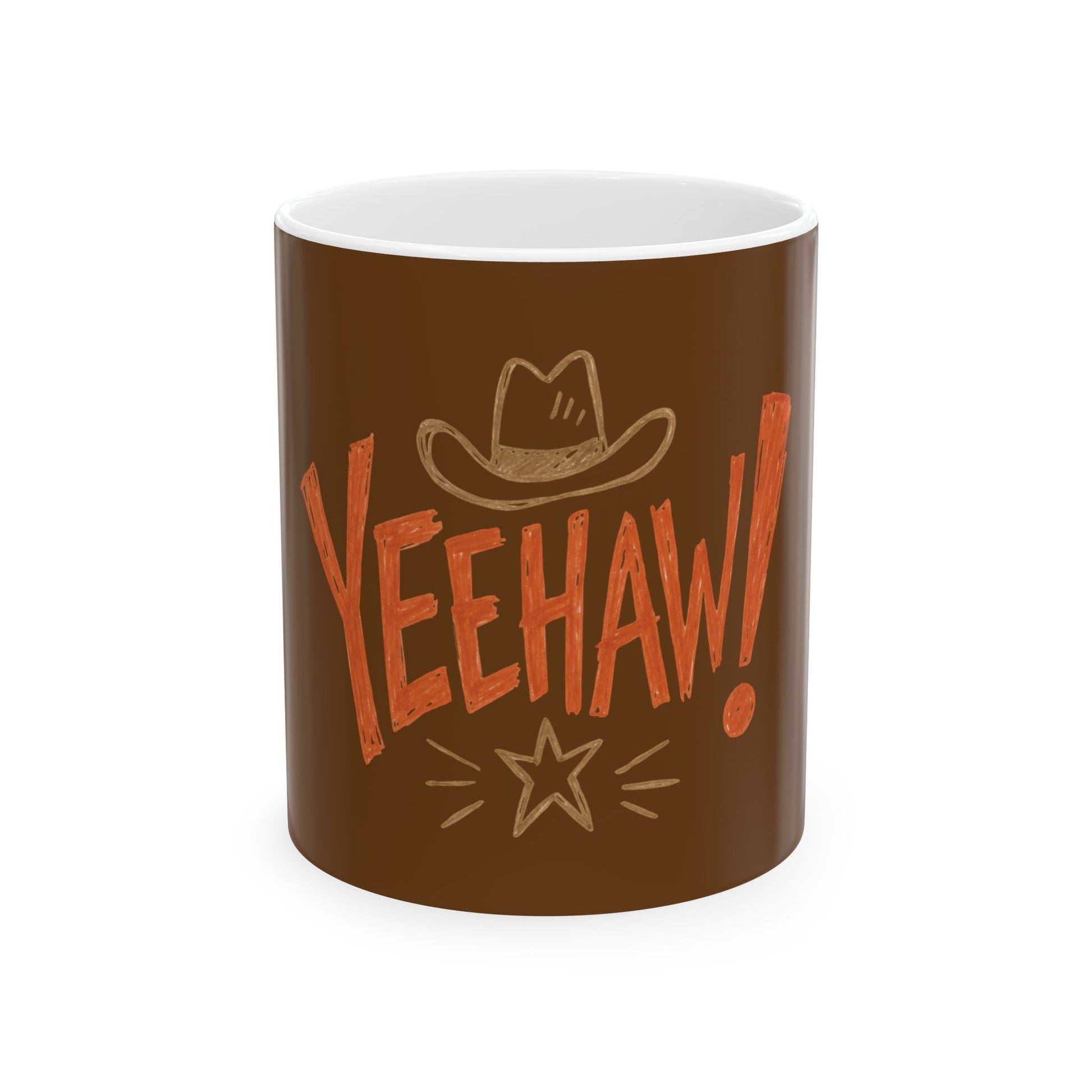 A brown ceramic mug with a white interior, featuring a hand-drawn style graphic of a cowboy hat and the word 'YEEHAW!' in orange, along with a star illustration, on a white background.
