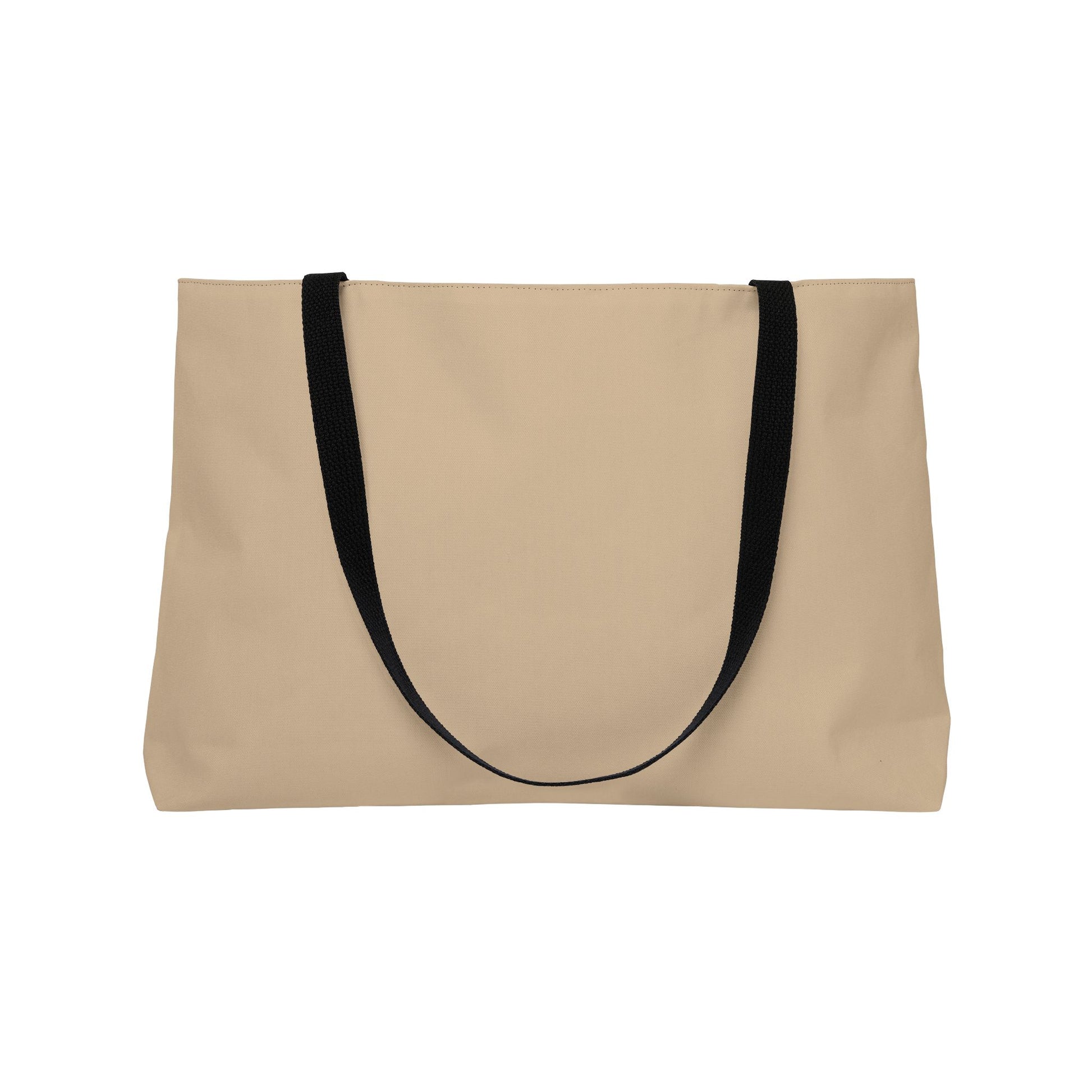 Beige tote bag with black straps on a white background