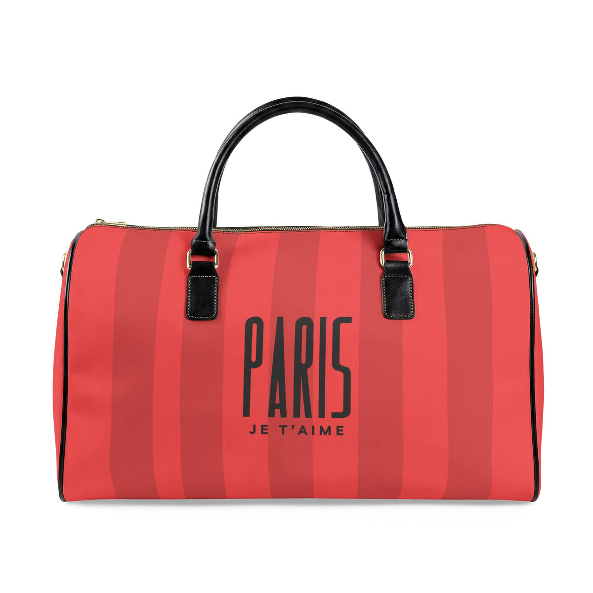 A red and pink striped duffle bag with black handles and gold-tone hardware, featuring the text 'PARIS JE T'AIME' printed on the front.