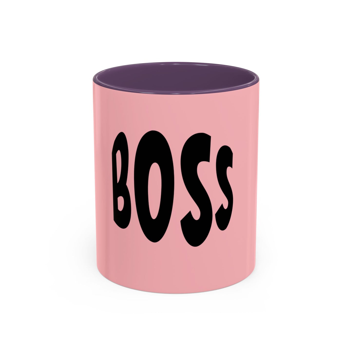 Pink mug with black 'BOSS' text on a white background