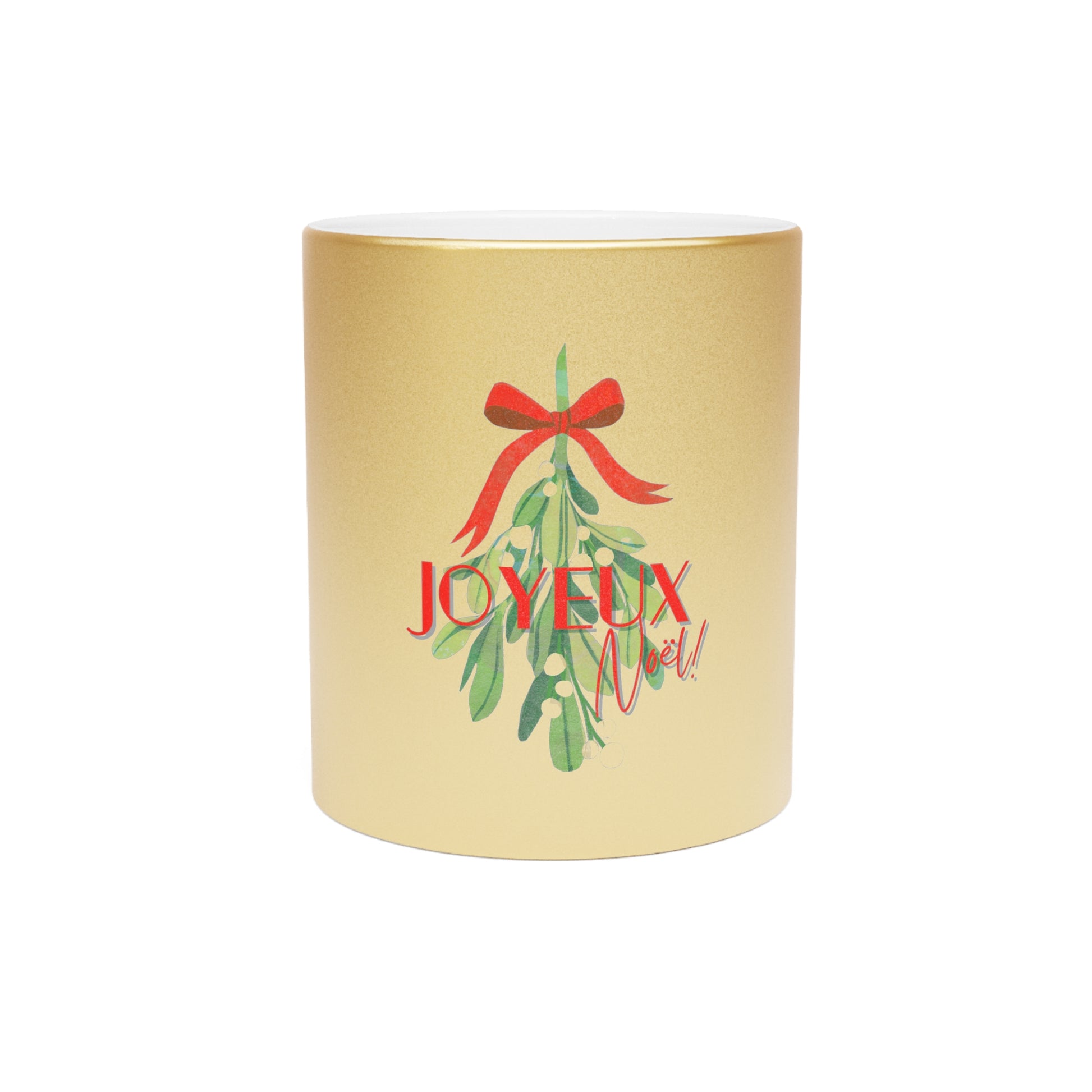 Decorative candle with mistletoe and 'JOYEUX NOEL' text on a gold background