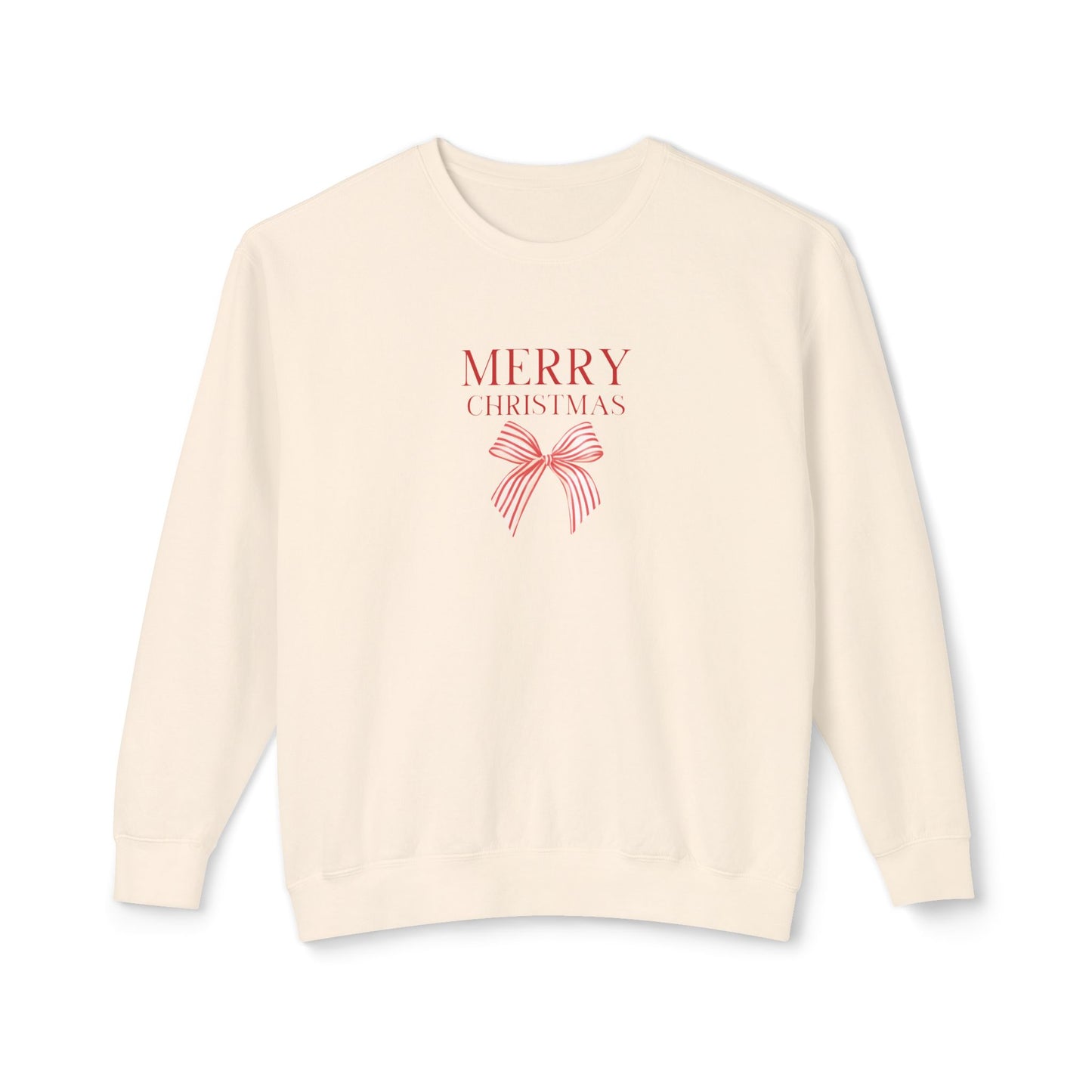 An off-white crewneck sweatshirt featuring a red graphic print on the chest that reads 'MERRY CHRISTMAS' above a red bow illustration, displayed against a solid white background.