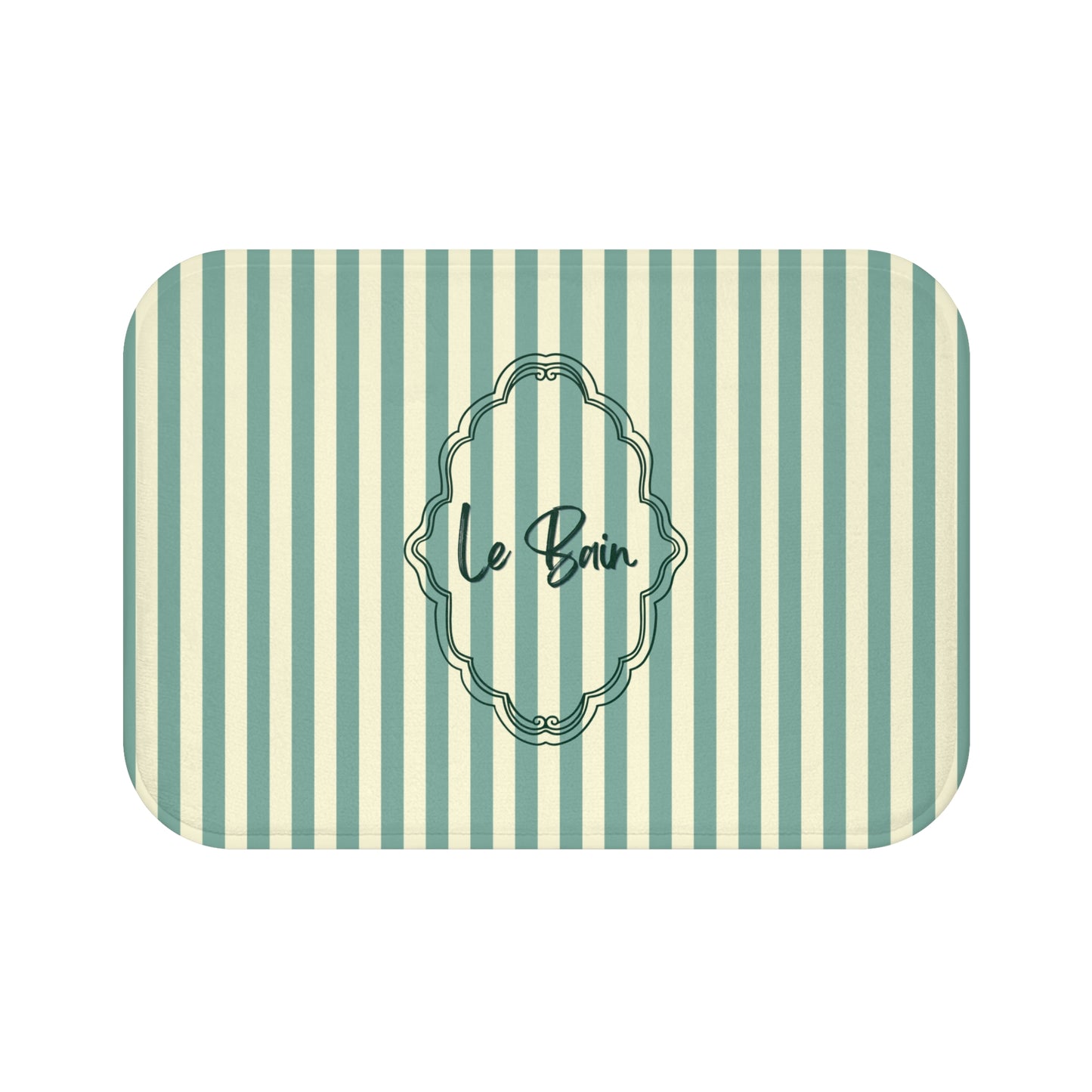 Rectangular placemat with green and white striped pattern and 'Le Bon' text in a decorative frame.