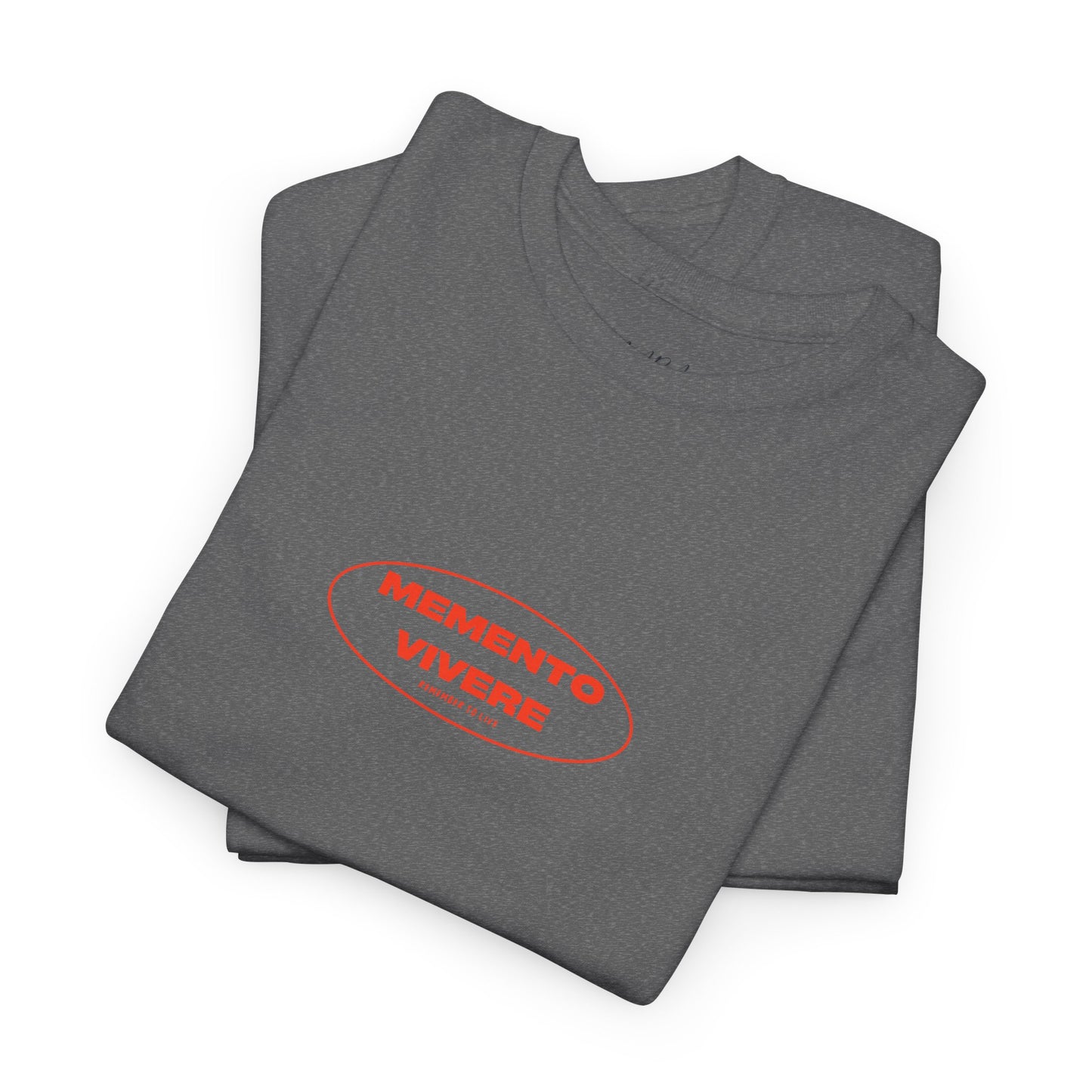 Folded gray t-shirt with red 'Memento Vivere' text on a white background