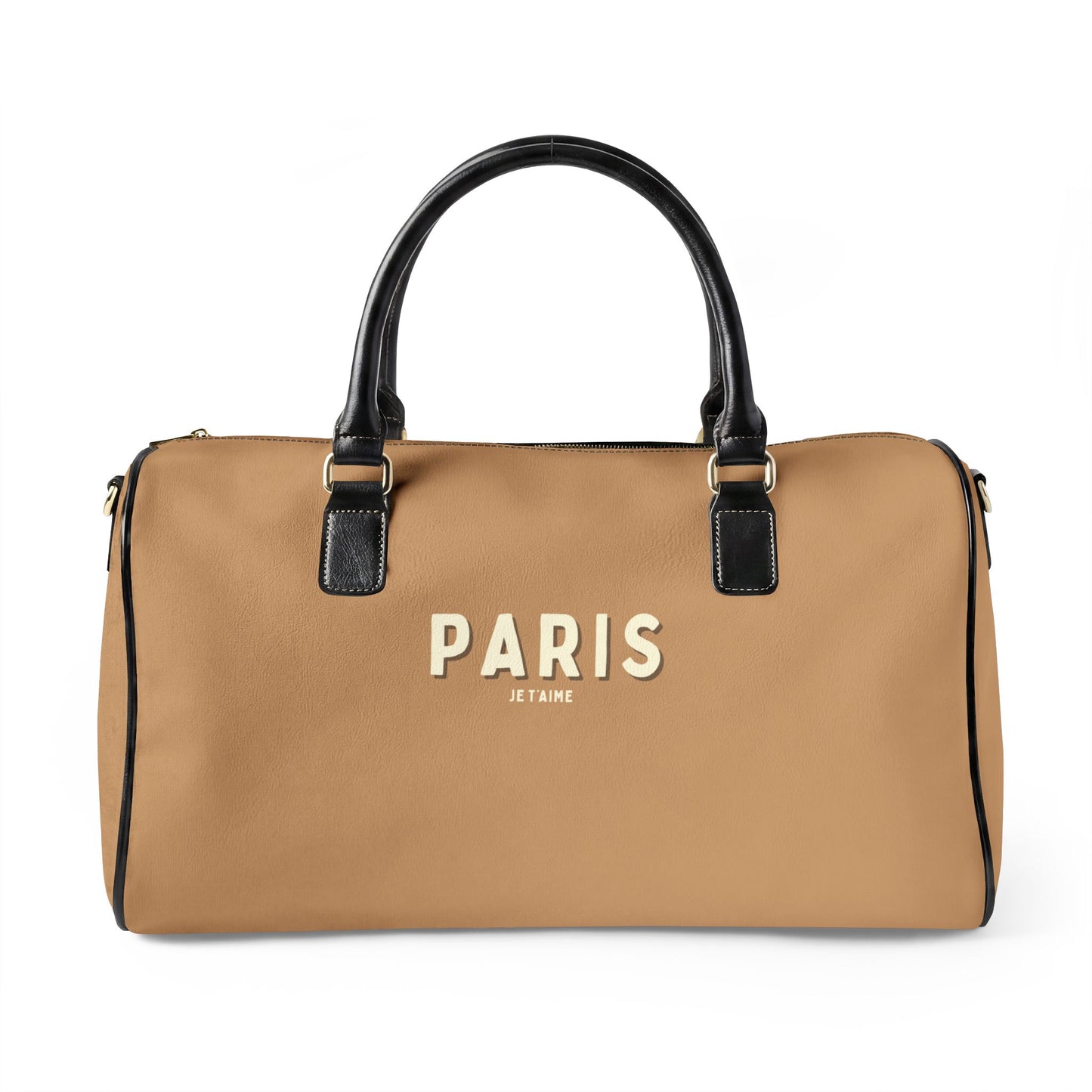Tan duffel bag with 'PARIS' text on a white background