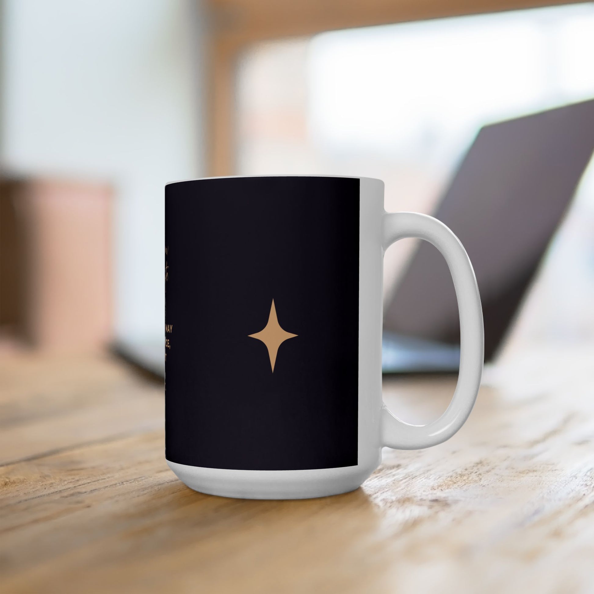 Deep purple mug with a star design on a dark background, placed on a wooden surface.