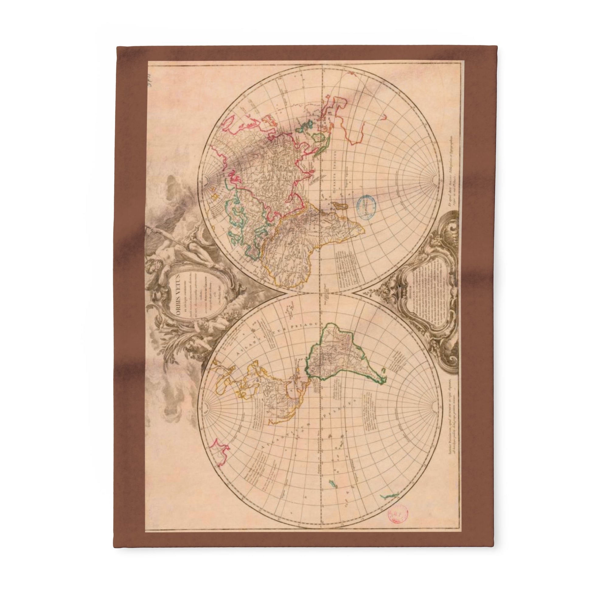 Vintage world map blanket with decorative border on a white background