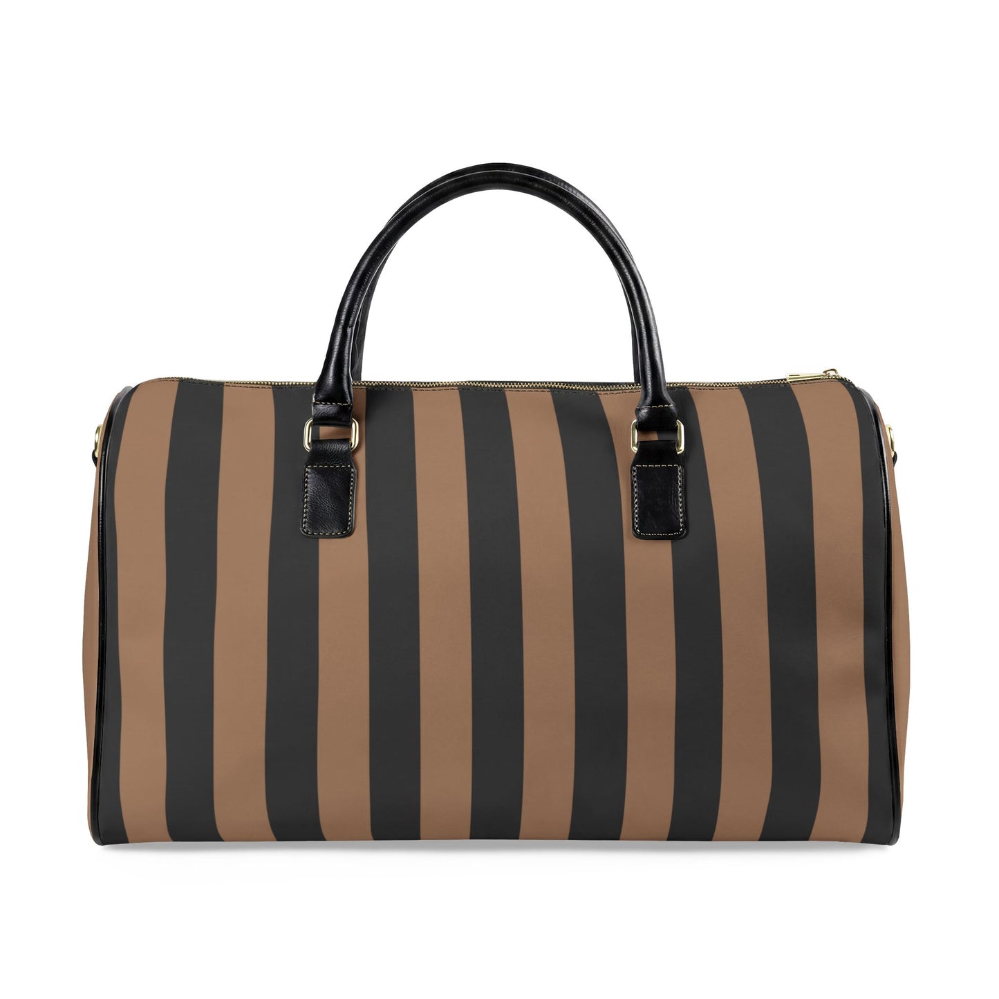 Striped duffel bag with brown and black vertical stripes on a white background