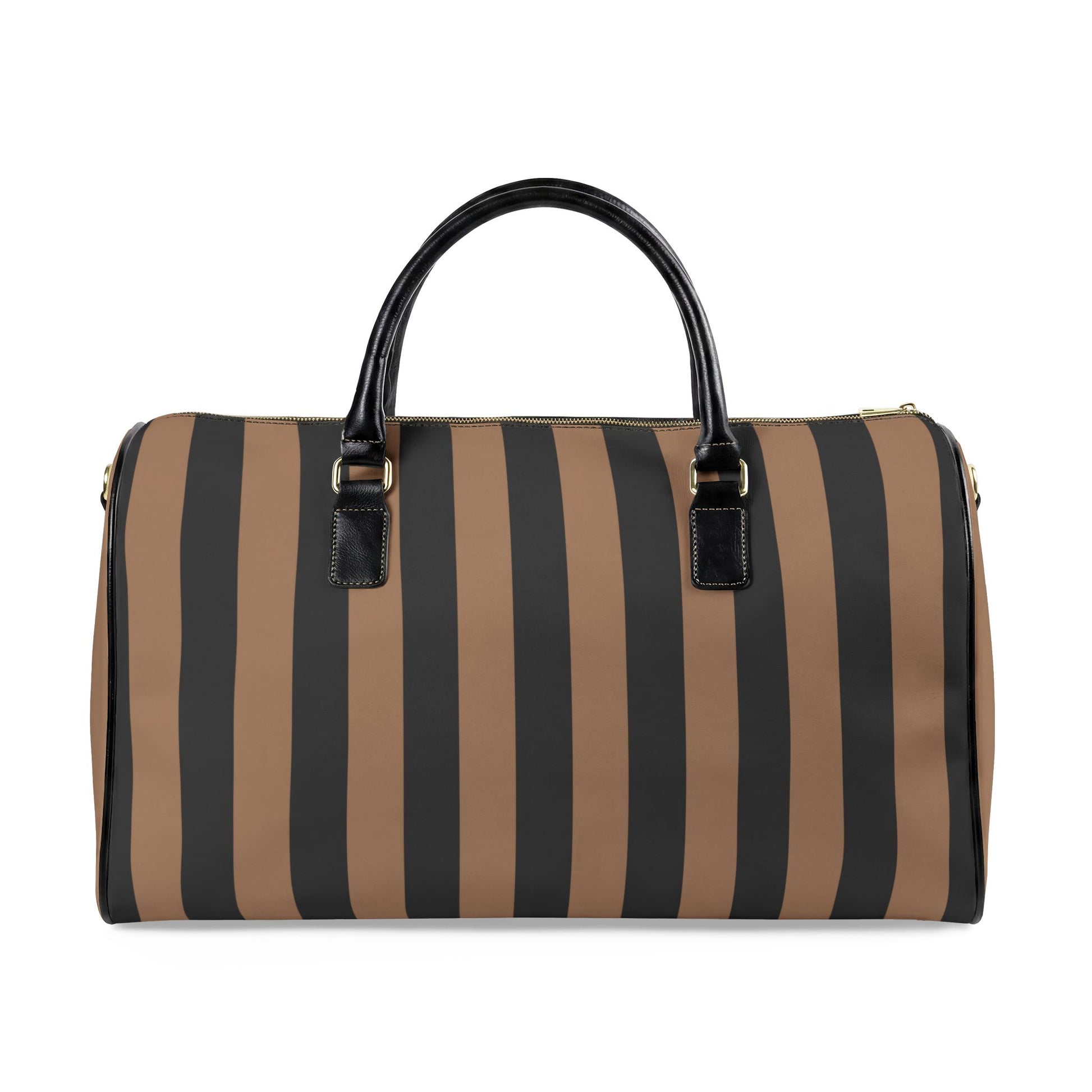 Striped duffel bag with brown and black vertical stripes on a white background