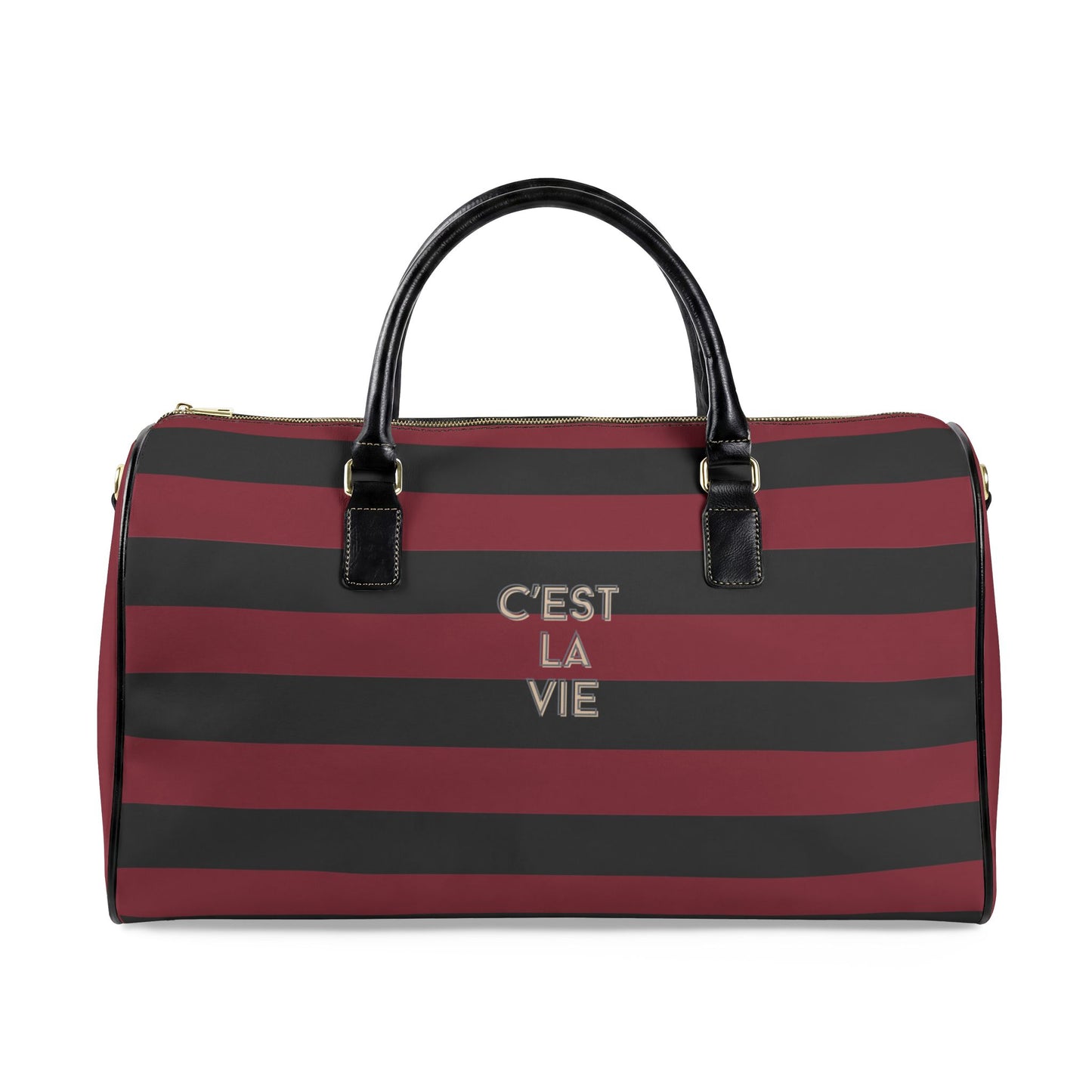 Striped duffel bag with 'C'est La Vie' text on a white background