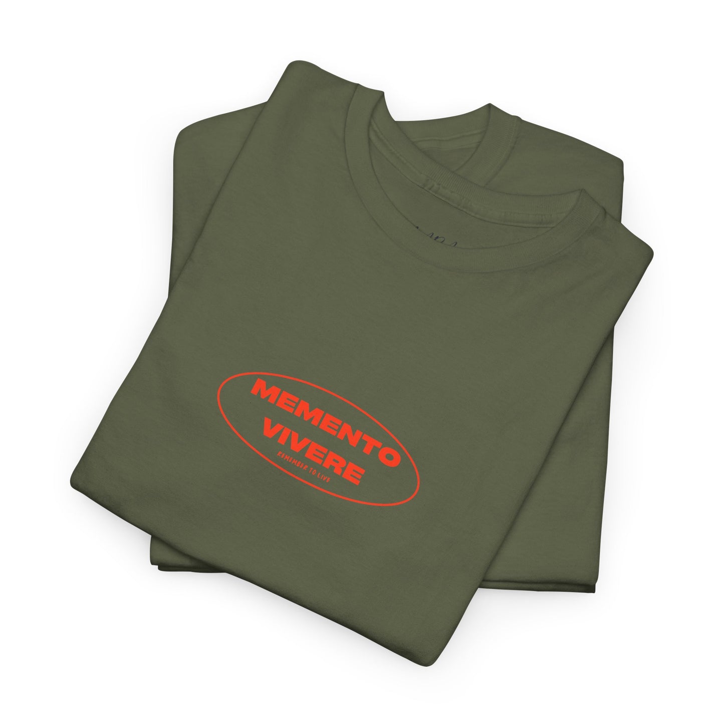 Folded green t-shirt with 'Memento Vivere' text on a white background