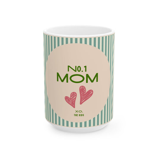 Ceramic mug with 'No. 1 Mom' text and heart designs on a white background