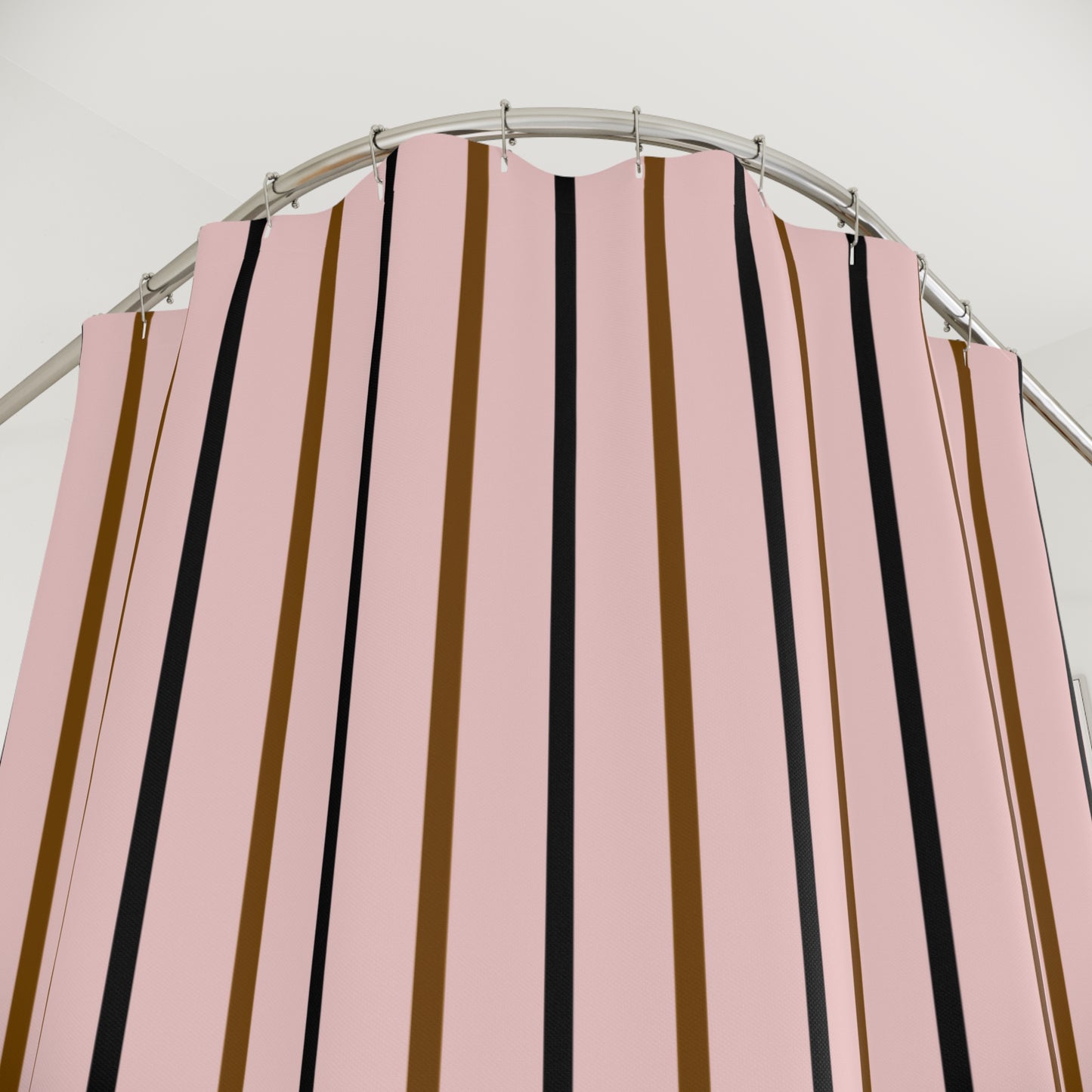 Striped curtain with pink, brown, and black vertical stripes on a white background