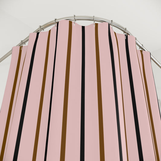 Striped curtain with pink, brown, and black vertical stripes on a white background