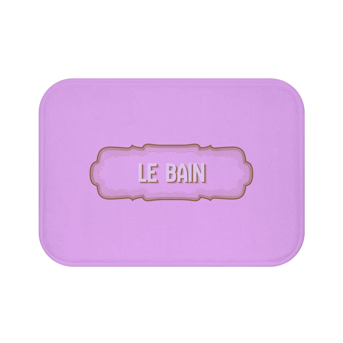 Purple bath mat with 'LE BAIN' text on a white background