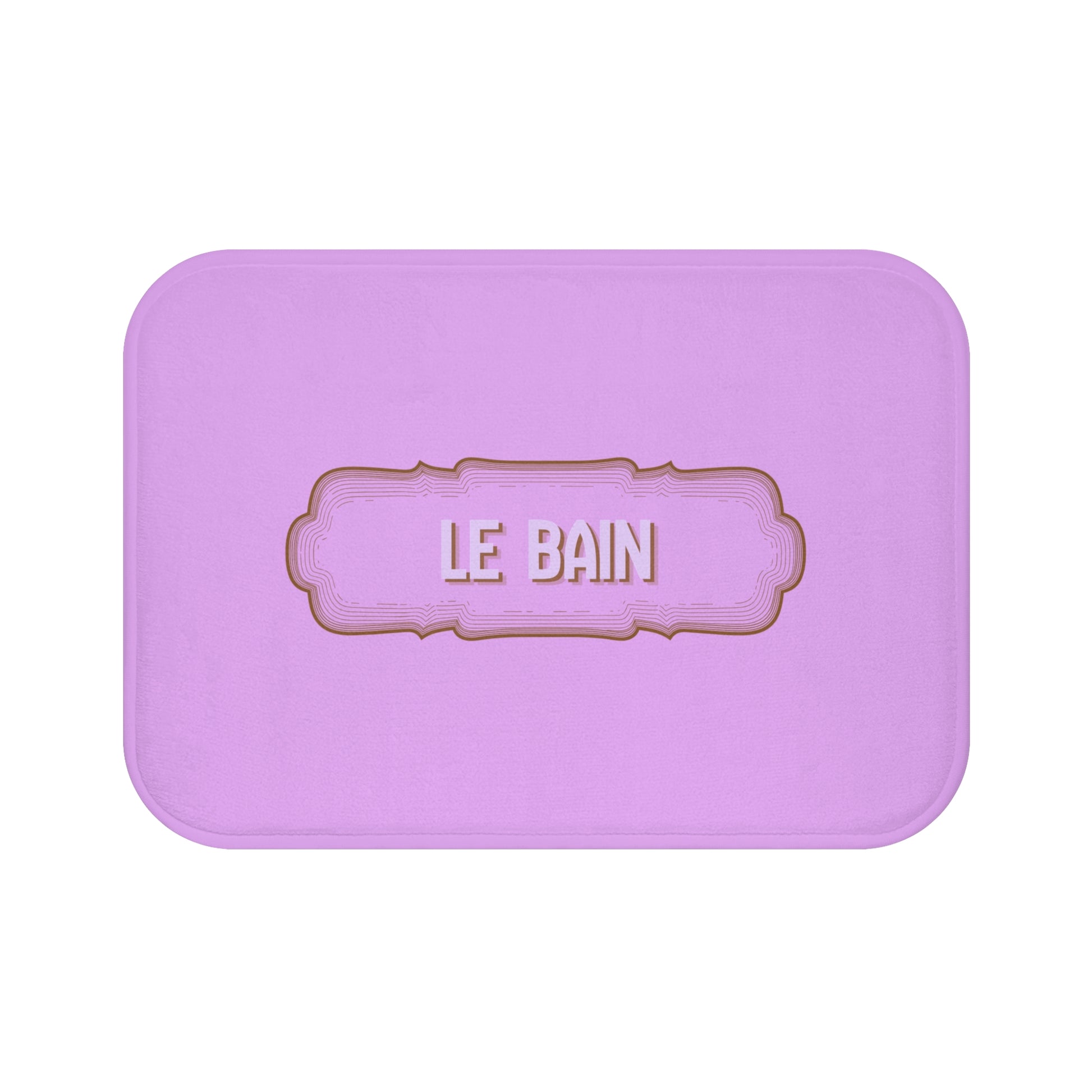 Purple bath mat with 'LE BAIN' text on a white background